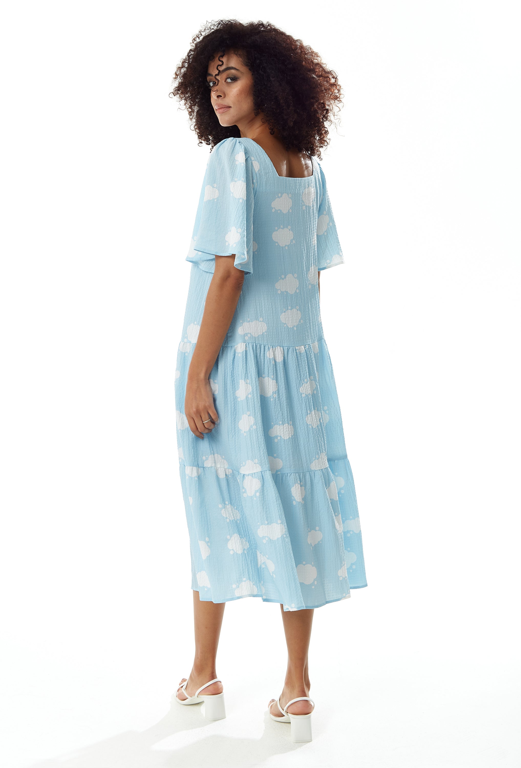 Women's Midi Dress with Short Sleeves and Cloud Print in Blue by Liquorish