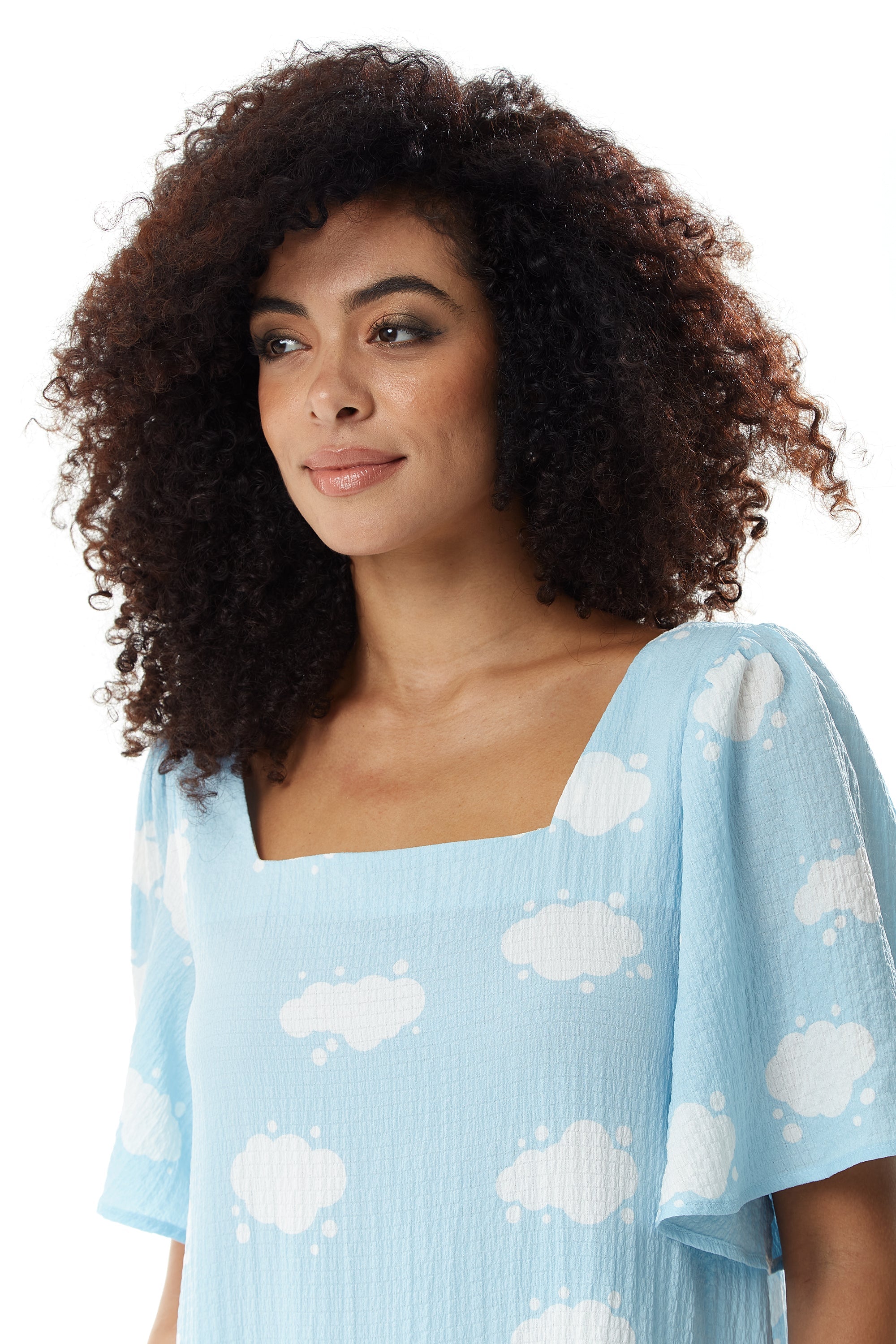 Women's Midi Dress with Short Sleeves and Cloud Print in Blue by Liquorish