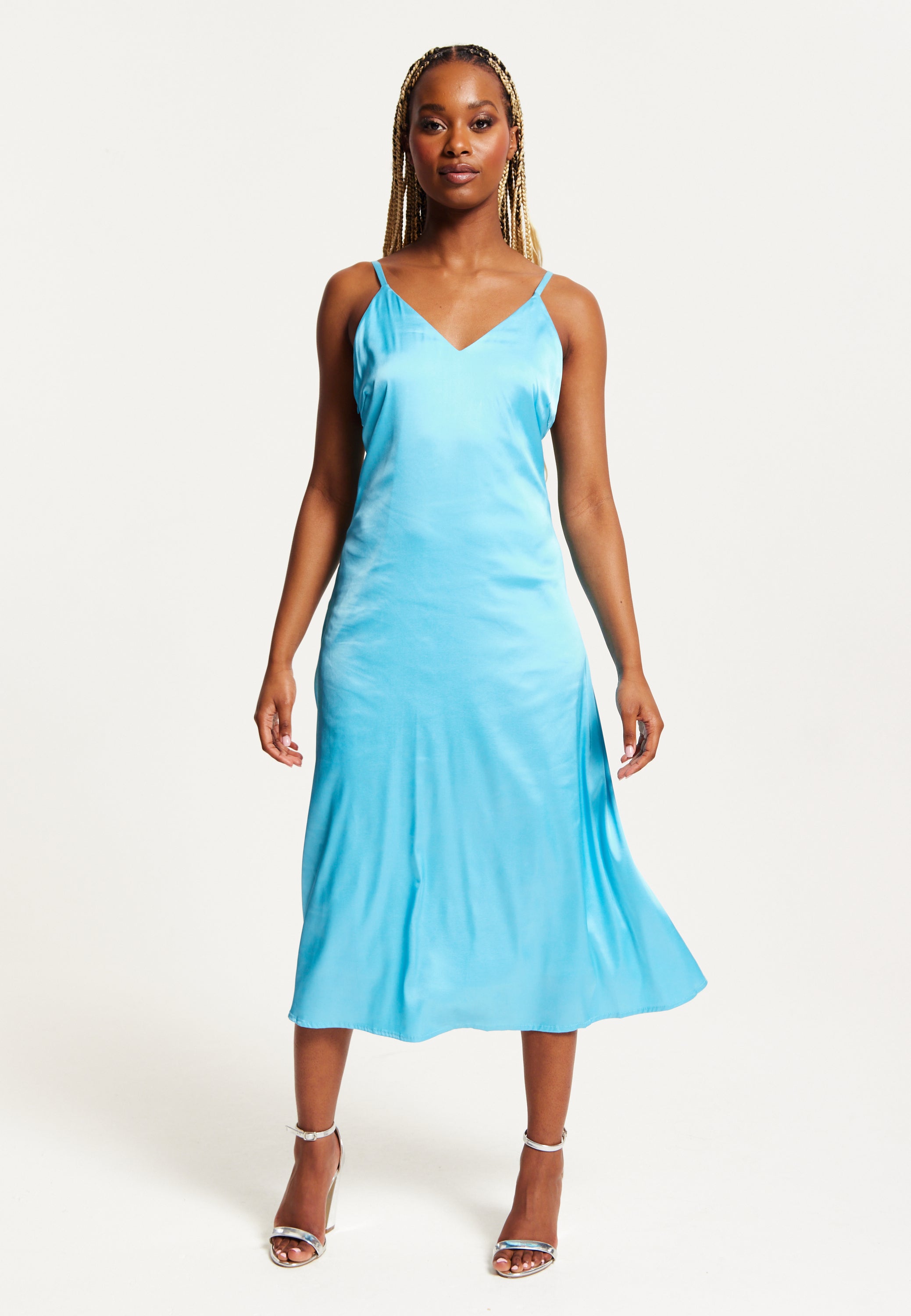Women's Midi Dress in Blue Satin with Deep V Neck and Adjustable Straps - Liquorish