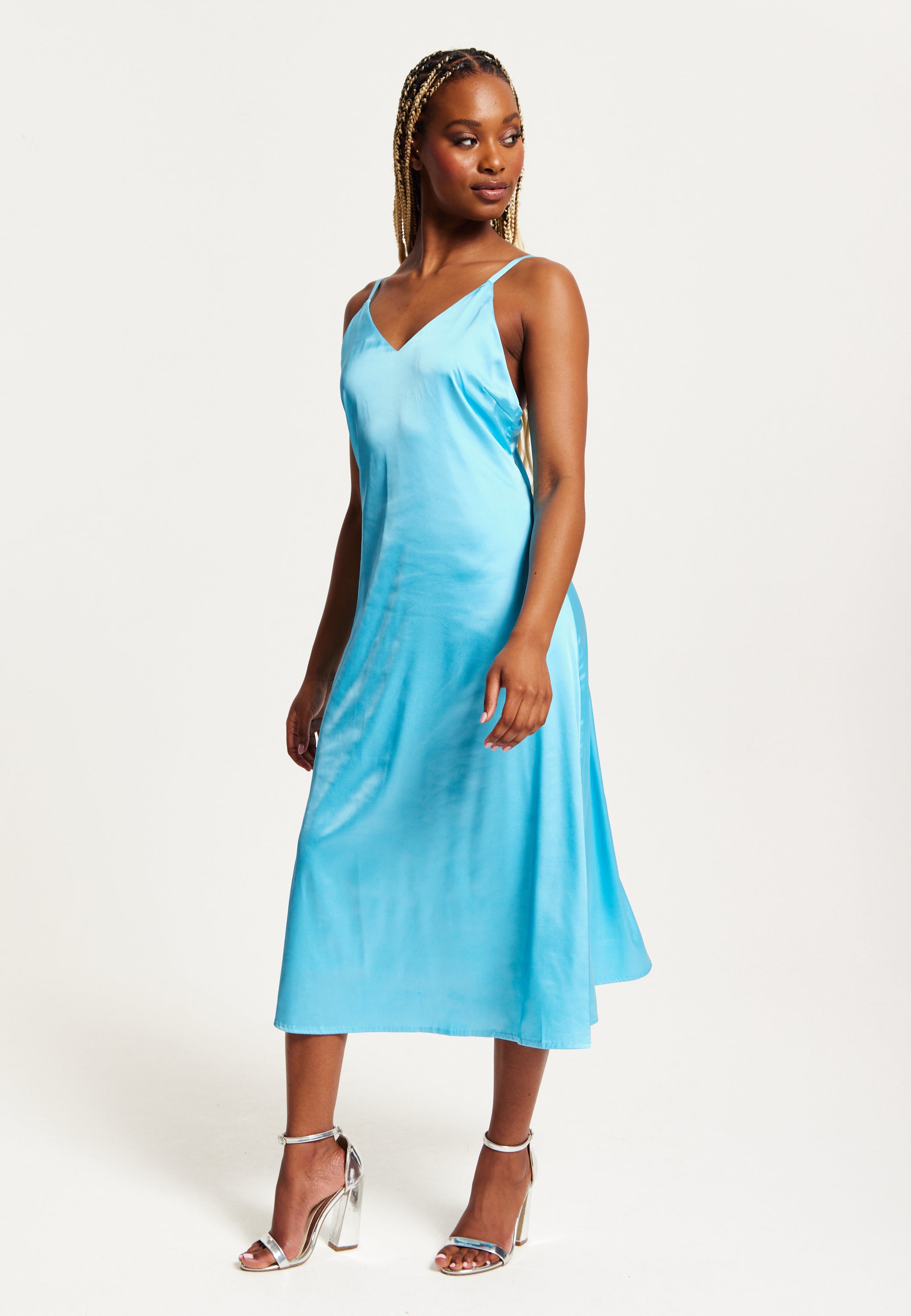 Women's Midi Dress in Blue Satin with Deep V Neck and Adjustable Straps - Liquorish