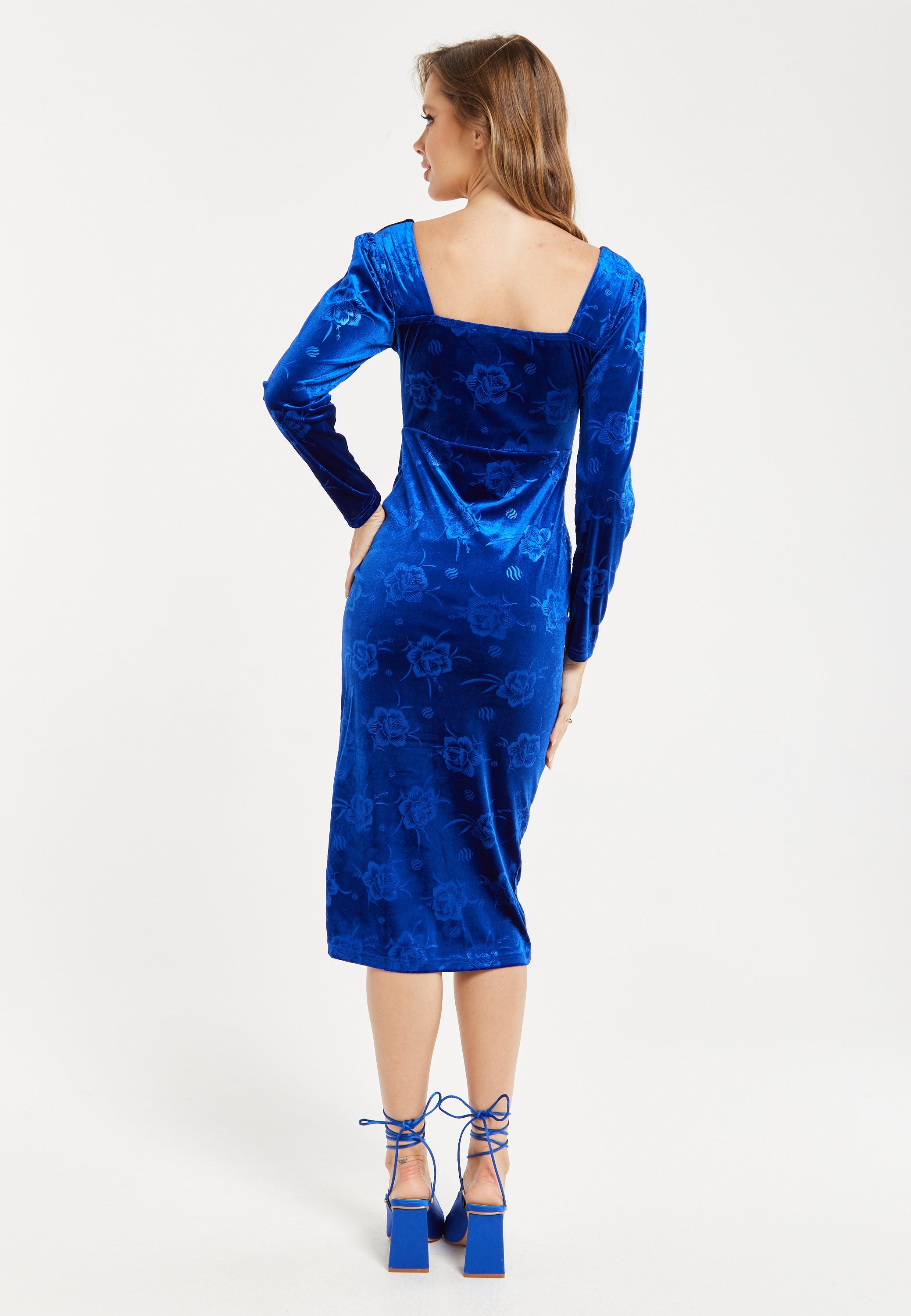 Women's Midi Dress in Royal Blue Velvet with Corset Style and Long Balloon Sleeves
