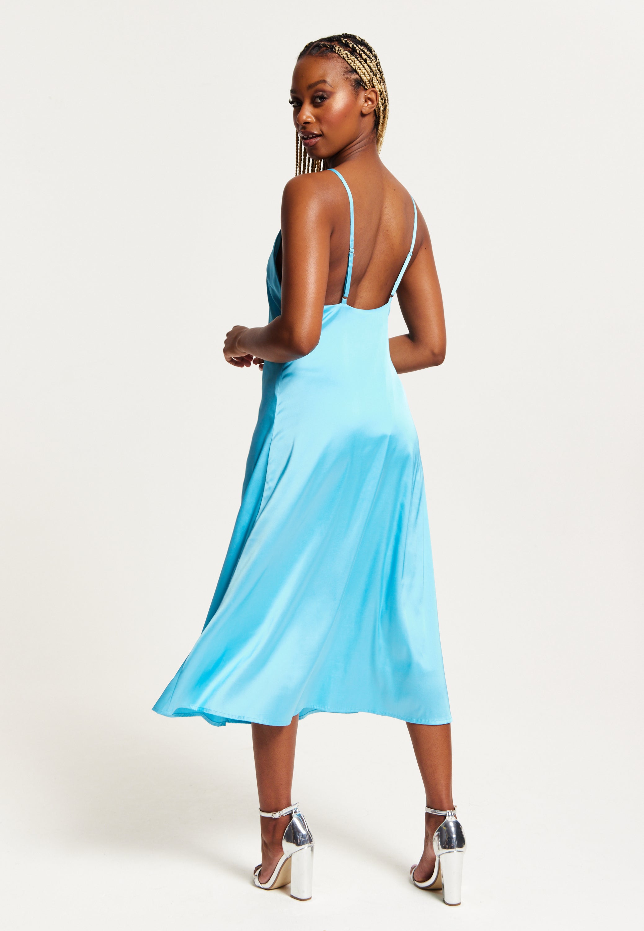 Women's Midi Dress in Blue Satin with Deep V Neck and Adjustable Straps - Liquorish