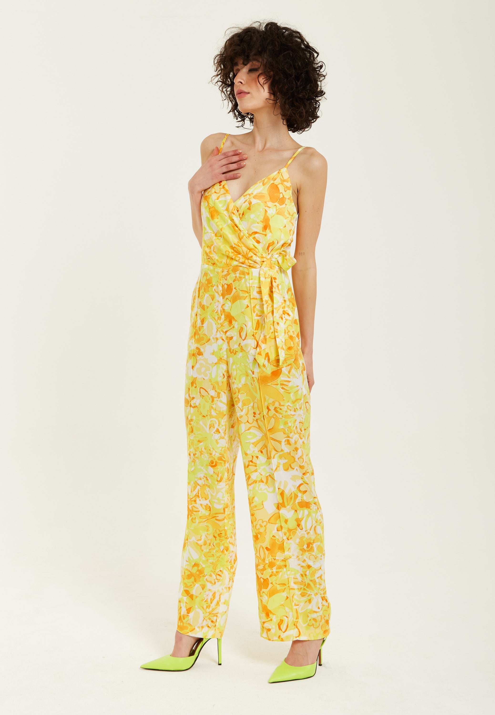 Women's Jumpsuit in Yellow and Orange Floral Print with V-Neck, Adjustable Straps, and Tie Waist - Liquorish