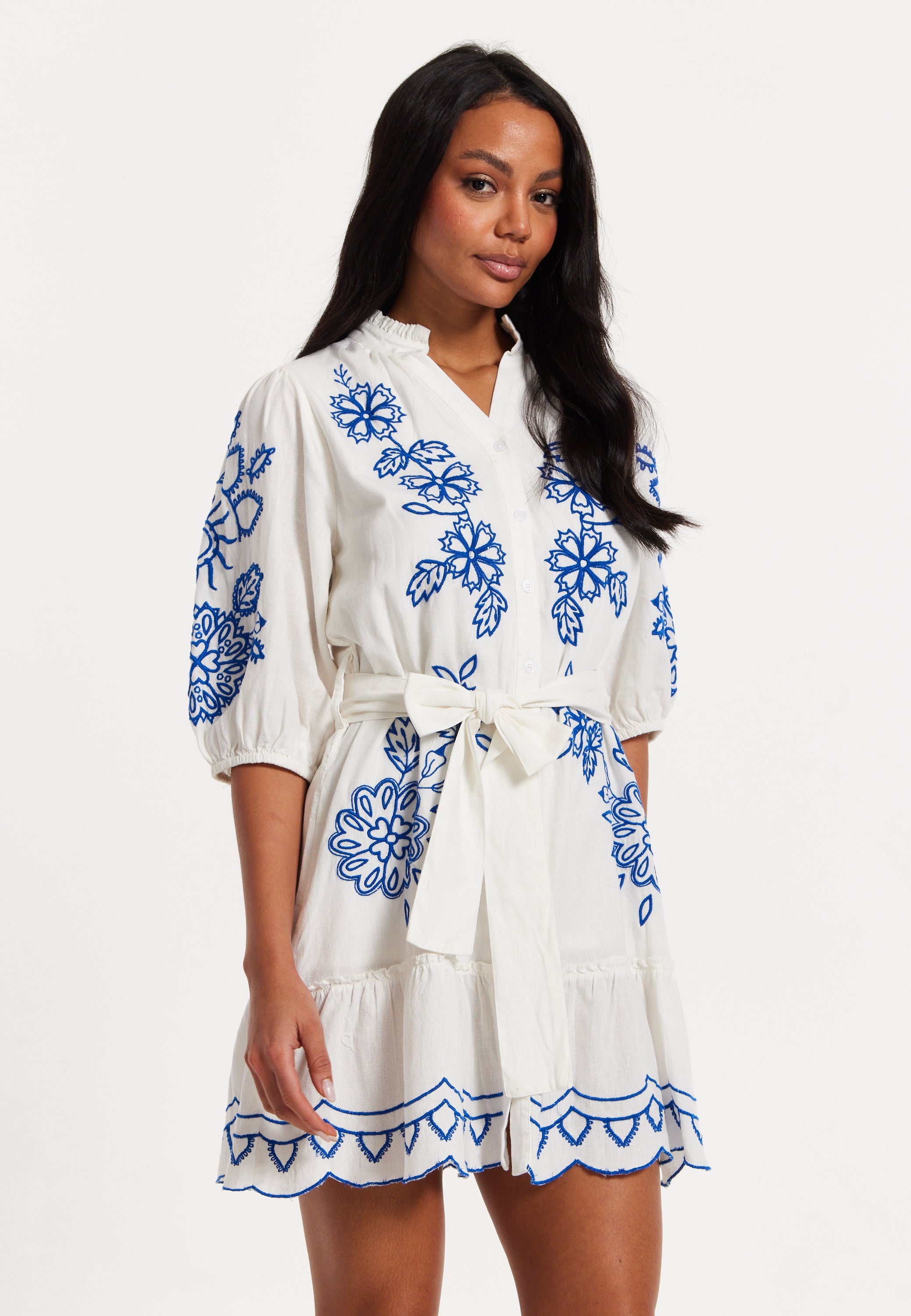 Blue Embroidered Belted White Mini Dress