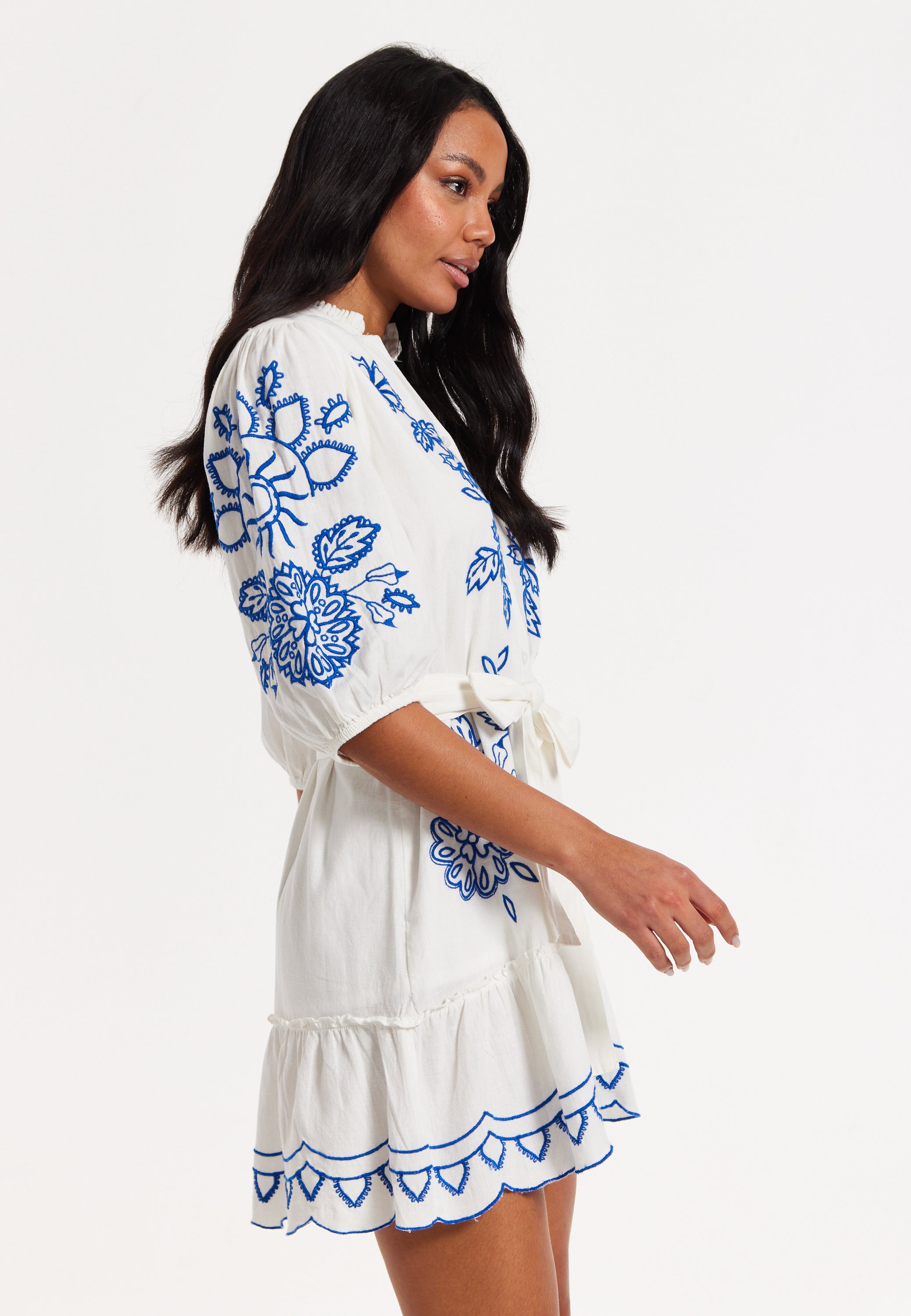 Blue Embroidered Belted White Mini Dress