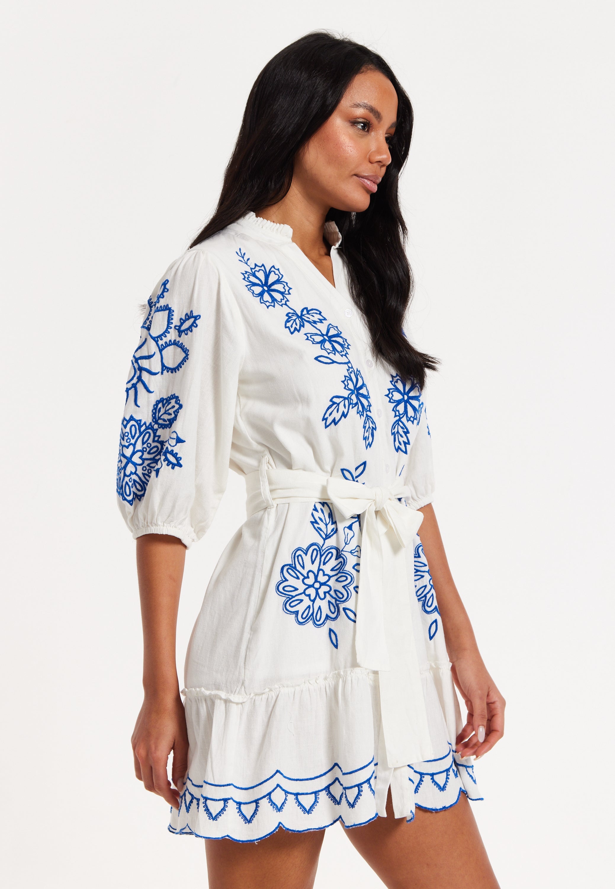 Blue Embroidered Belted White Mini Dress
