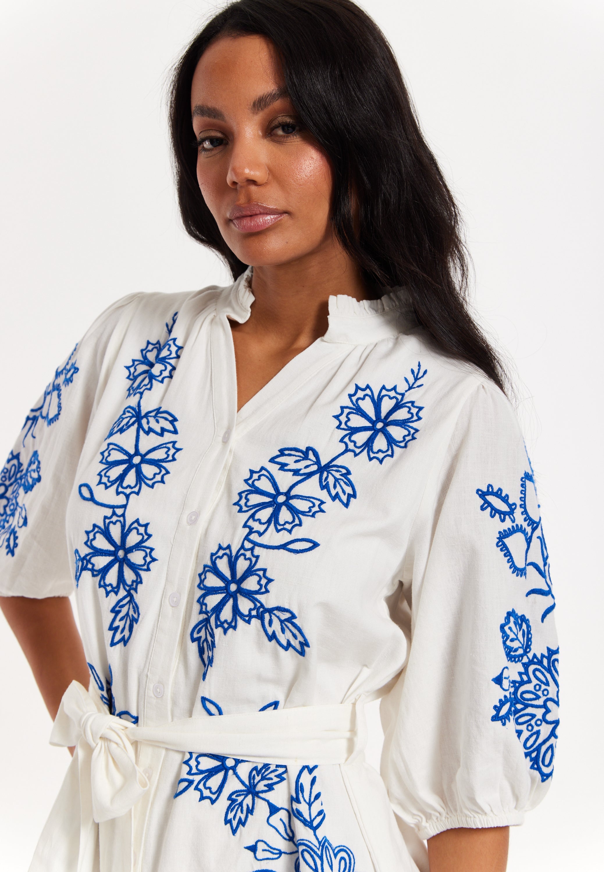 Blue Embroidered Belted White Mini Dress
