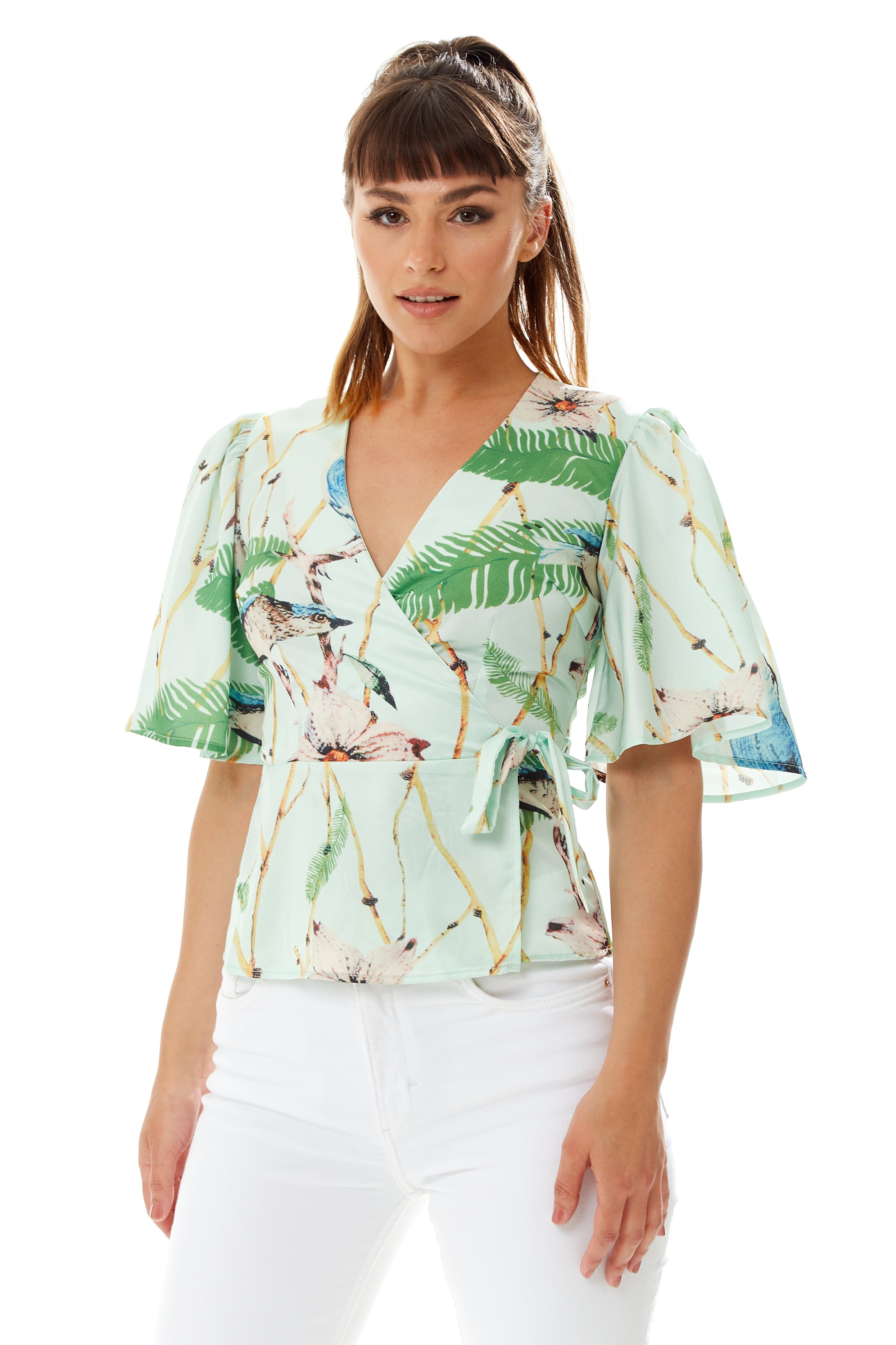 Women's Bird Print Wrap Top with V Neck, Mint Green, Cross Over Front, Perfect for Summer, Regular Fit, Co-ord Set