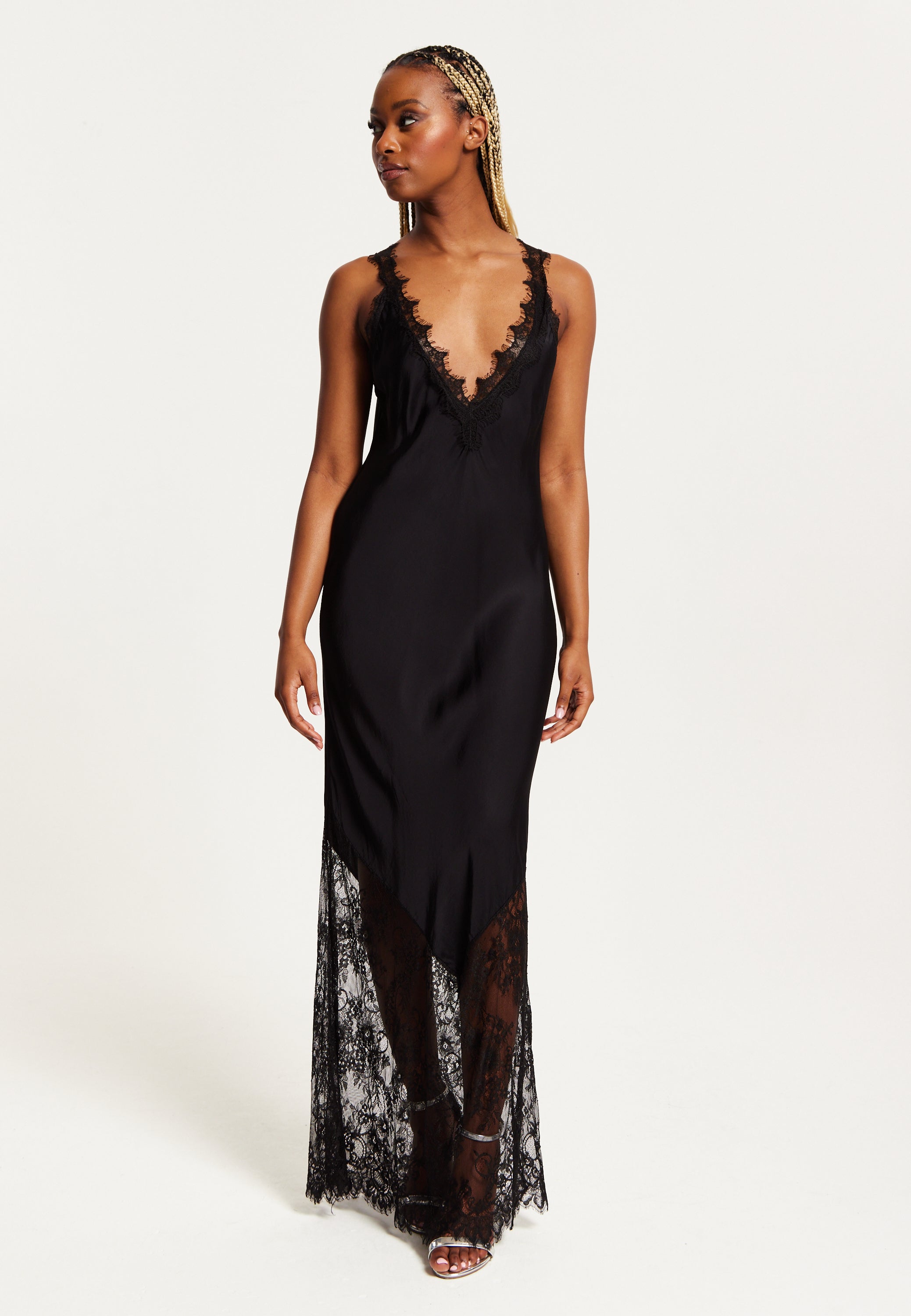Women's Maxi Dress with Lace Detail, Deep V-Neck, and Flowing Silhouette in Black - Liquorish
