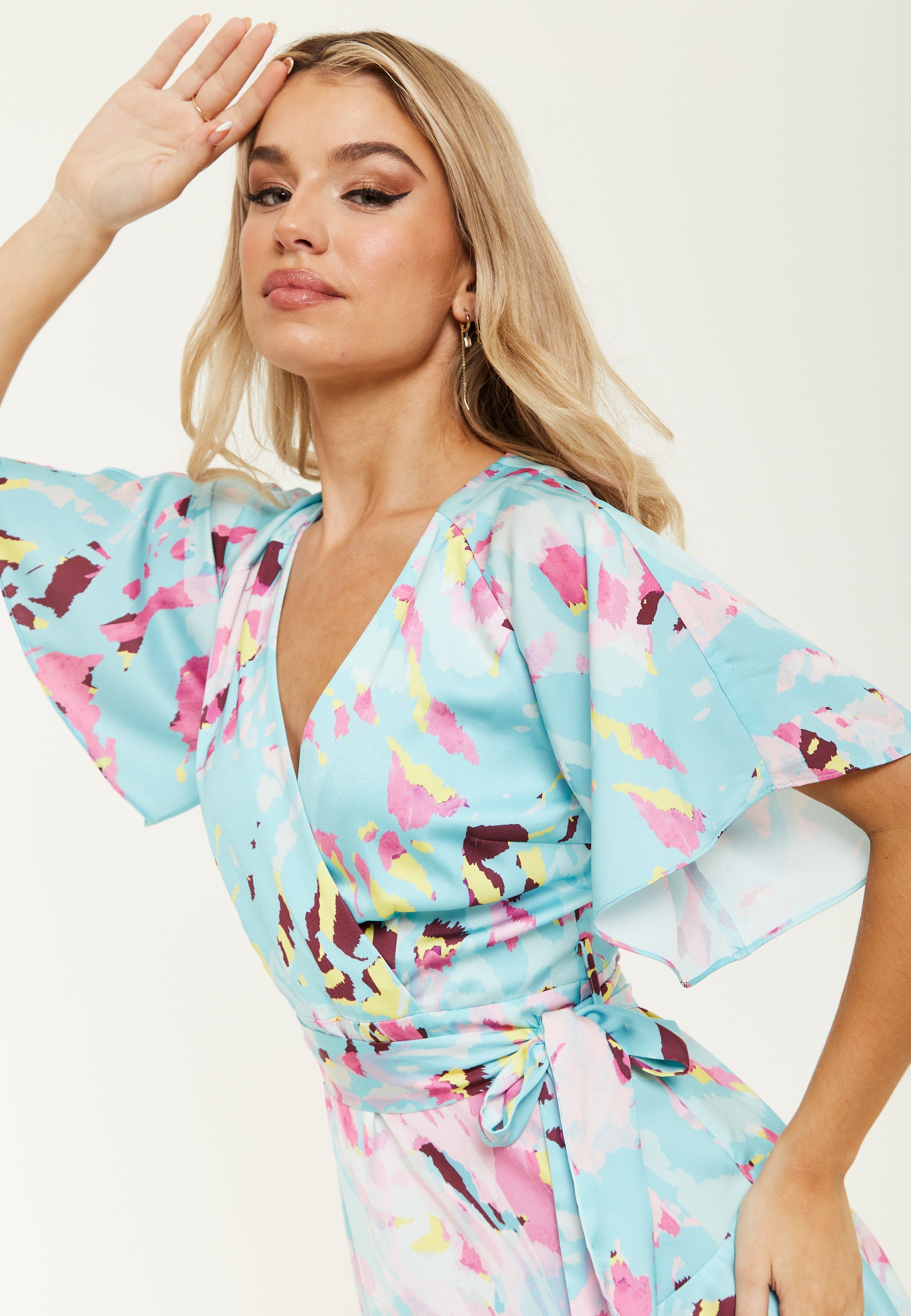Women's Mini Dress in Blue with Short Sleeves, Abstract Print Wrap Style, Elegant Tie Waist - Liquorish