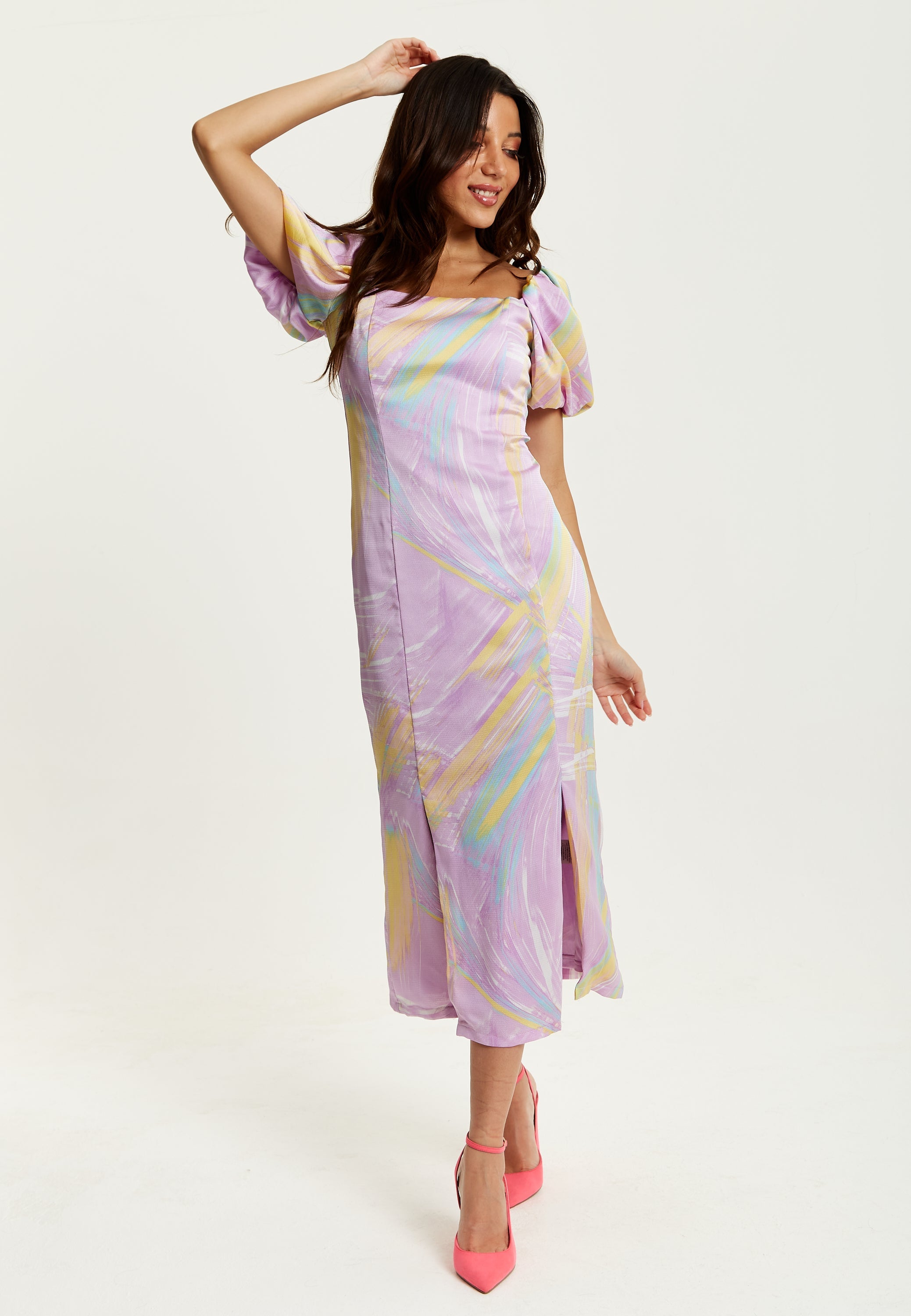 Women's Midi Dress in Lilac with Puff Sleeves and Square Neck - Liquorish