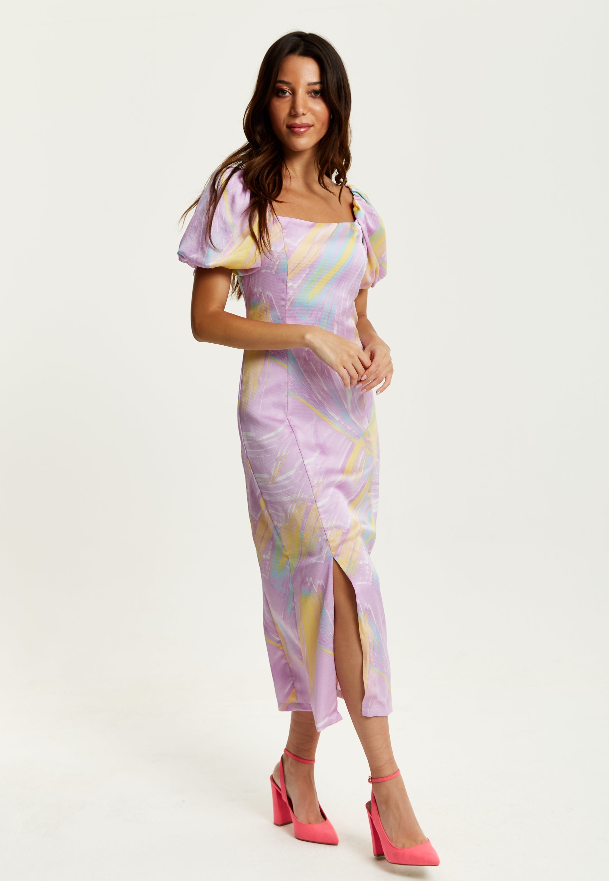 Women's Midi Dress in Lilac with Puff Sleeves and Square Neck - Liquorish