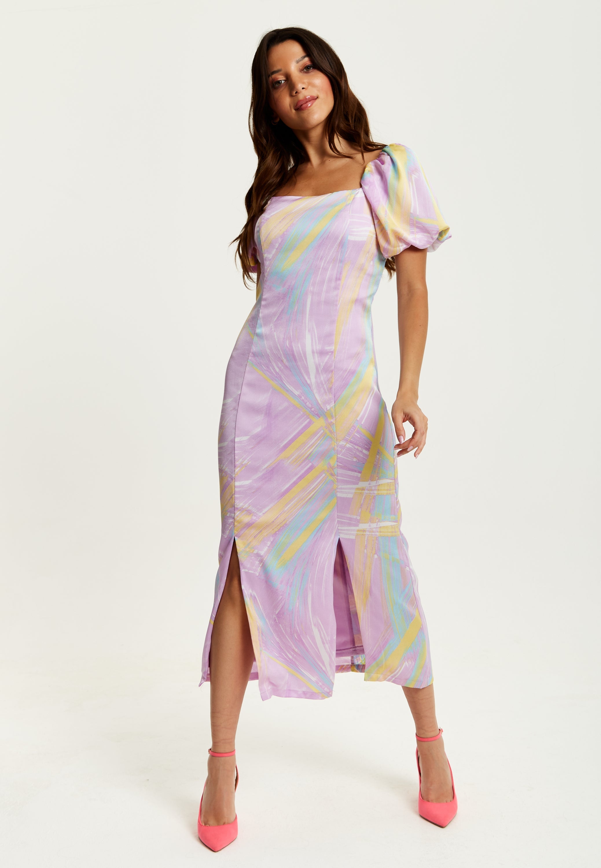 Women's Midi Dress in Lilac with Puff Sleeves and Square Neck - Liquorish