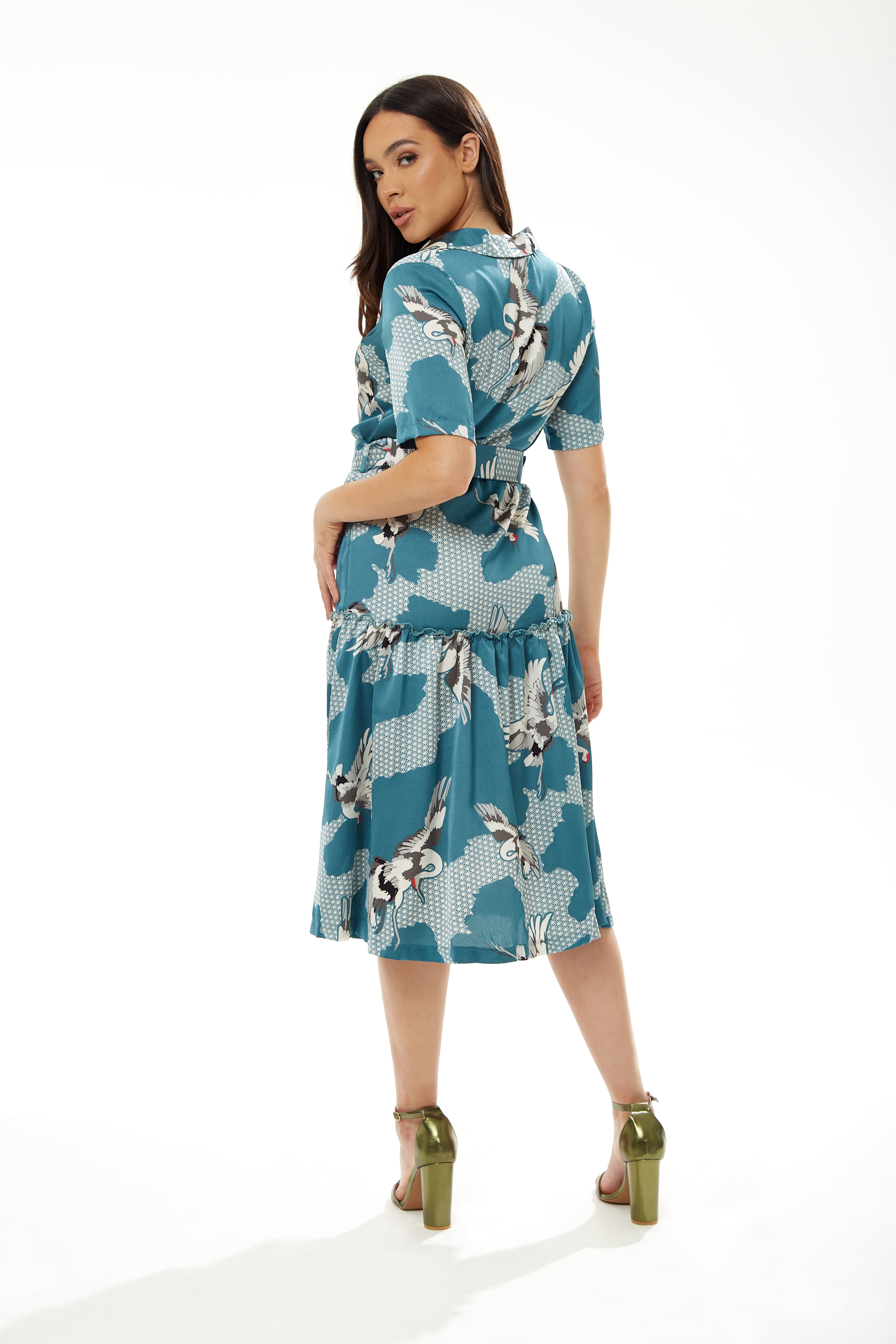 Women's Midi Dress in Mint Green Bird Print with Short Sleeves and Belted Detail by Liquorish