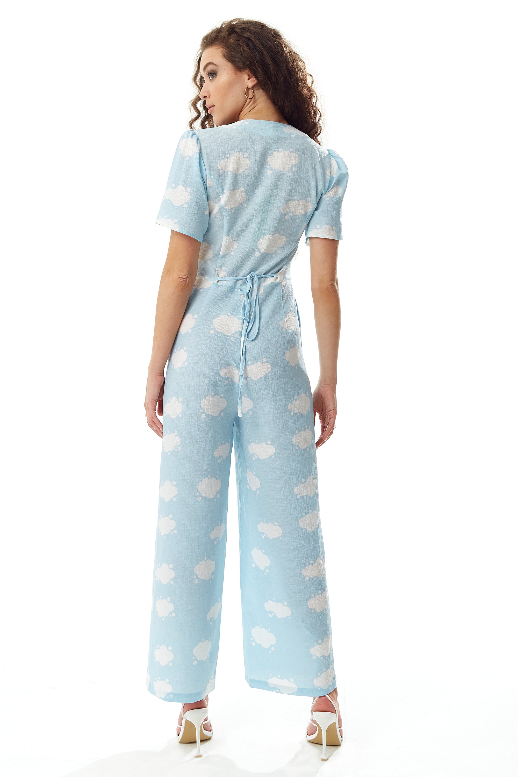 Women's Jumpsuit in Blue with Cloud Print, V Neck, Short Sleeves, Wide Legs, Button Details - Liquorish