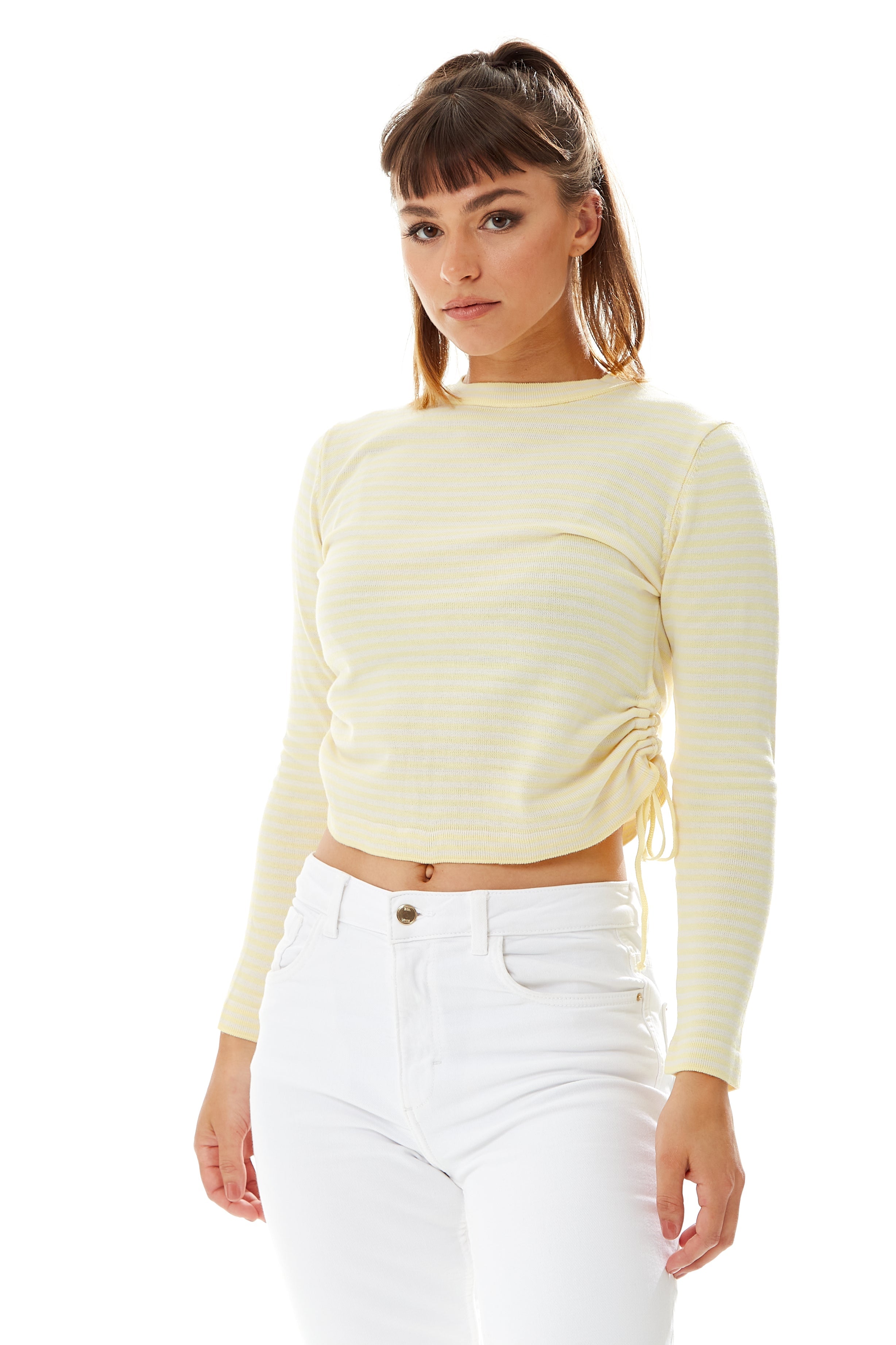 Women's Top in Yellow and White Stripes with Long Sleeves and Tie Details for Effortless Style