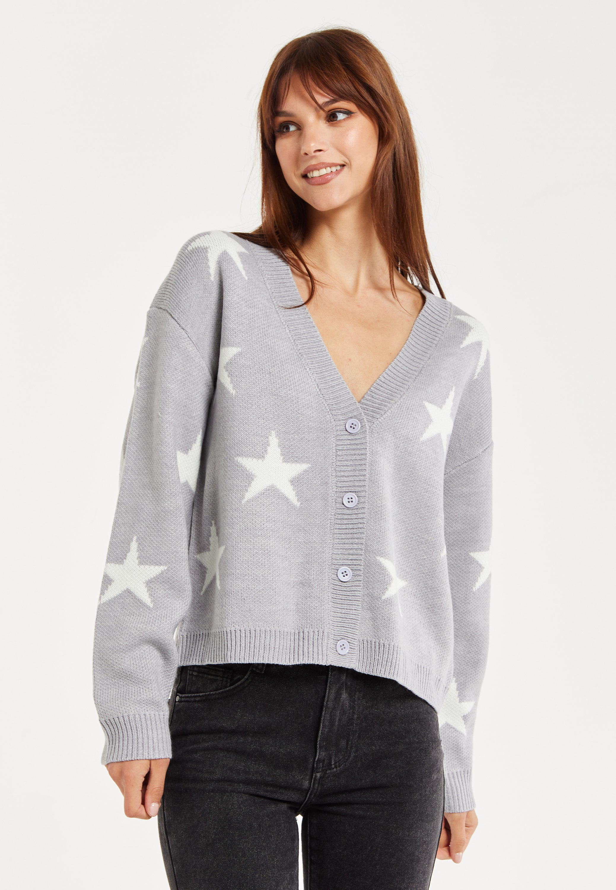Women's Cardigan in Grey & White with Star Pattern, Button Front, Regular Fit - Liquorish
