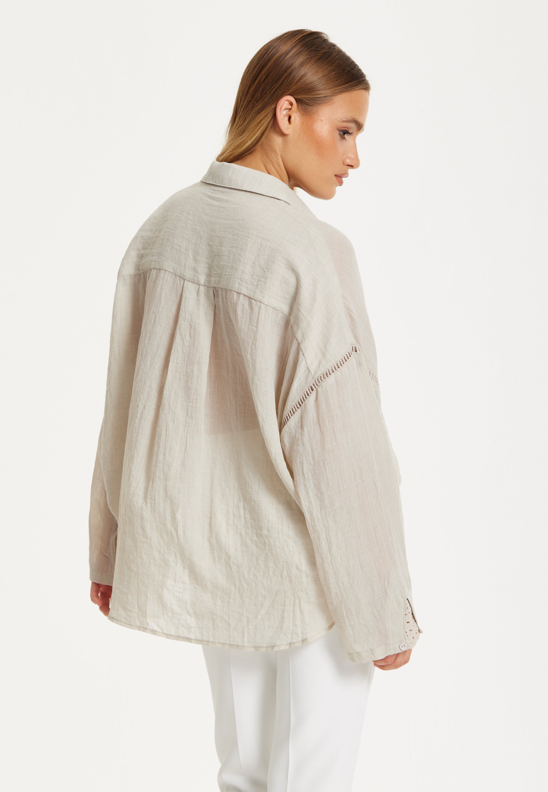 Beige Relaxed Fit Ladder Trim Shirt
