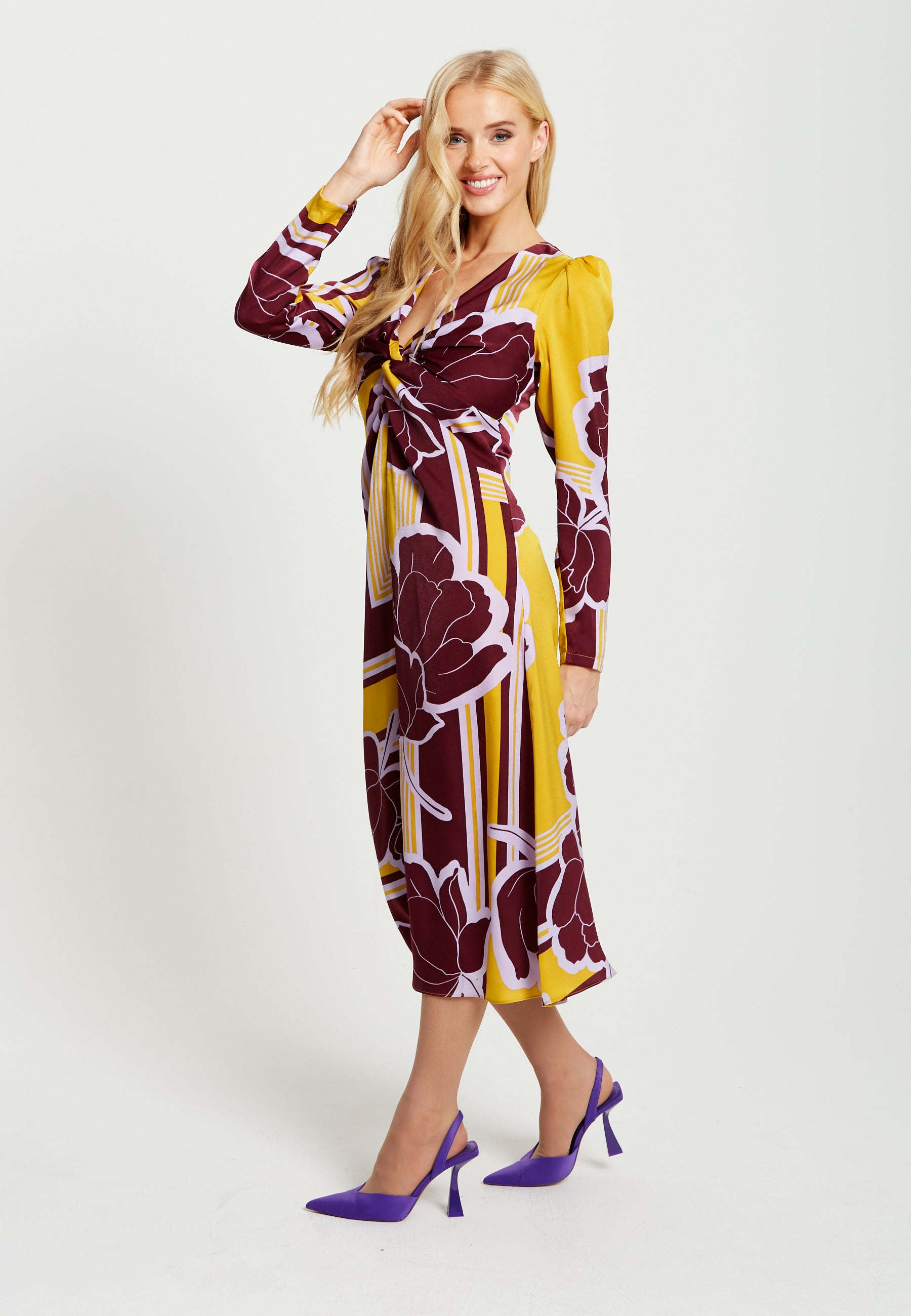 Women's Midi Dress with Long Sleeves in Mustard and Burgundy - Geometric Floral Print by Liquorish