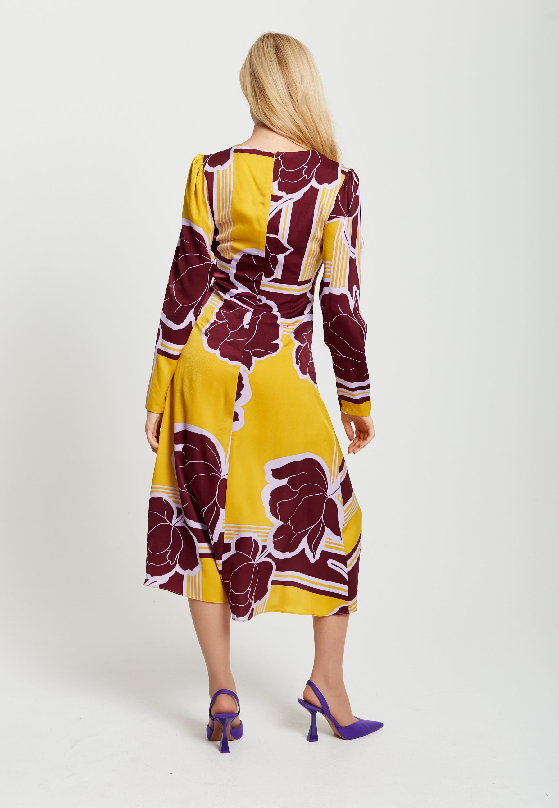 Women's Midi Dress with Long Sleeves in Mustard and Burgundy - Geometric Floral Print by Liquorish