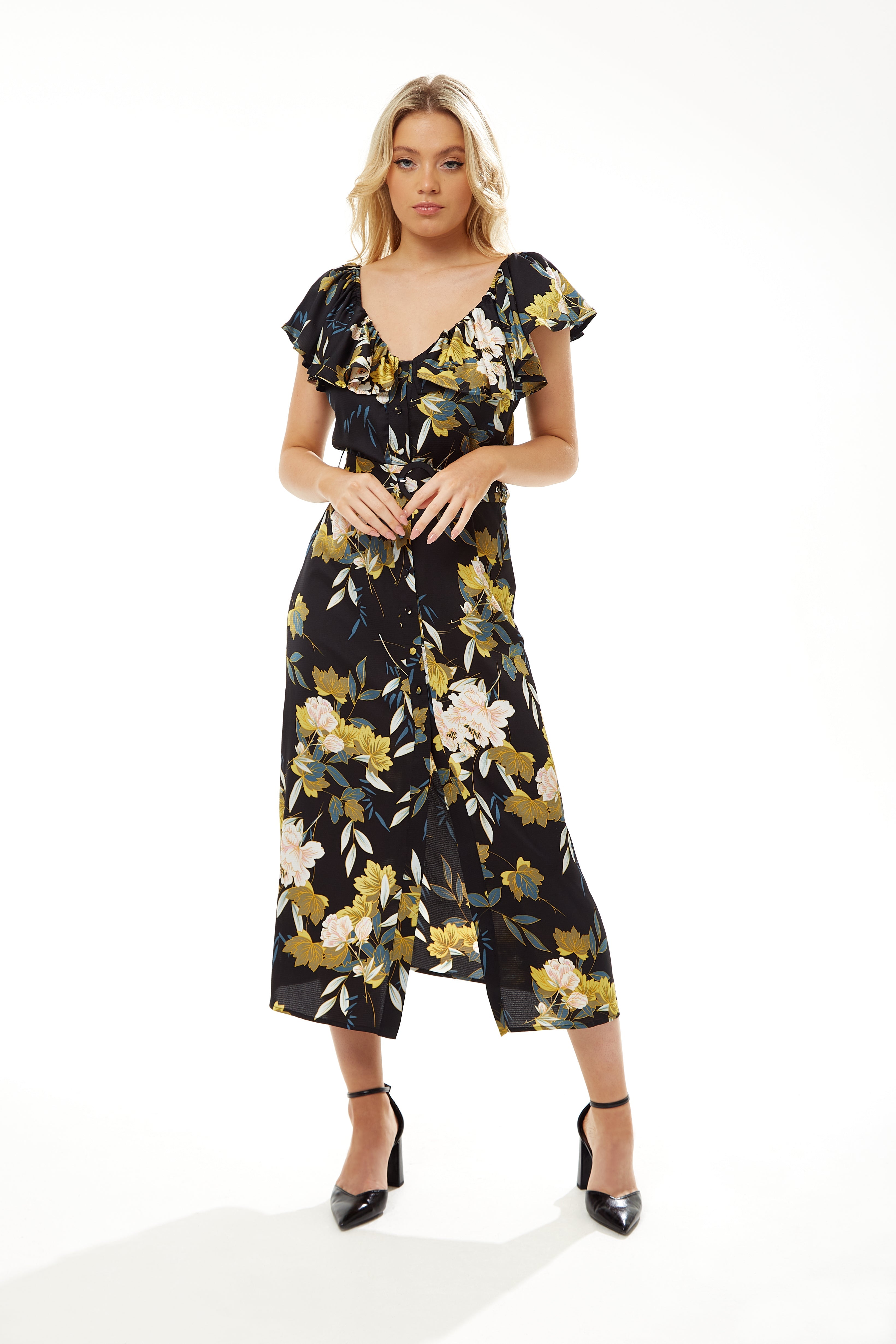 Women's Midi Dress with Off Shoulder Sleeves in Navy Floral Print - Liquorish