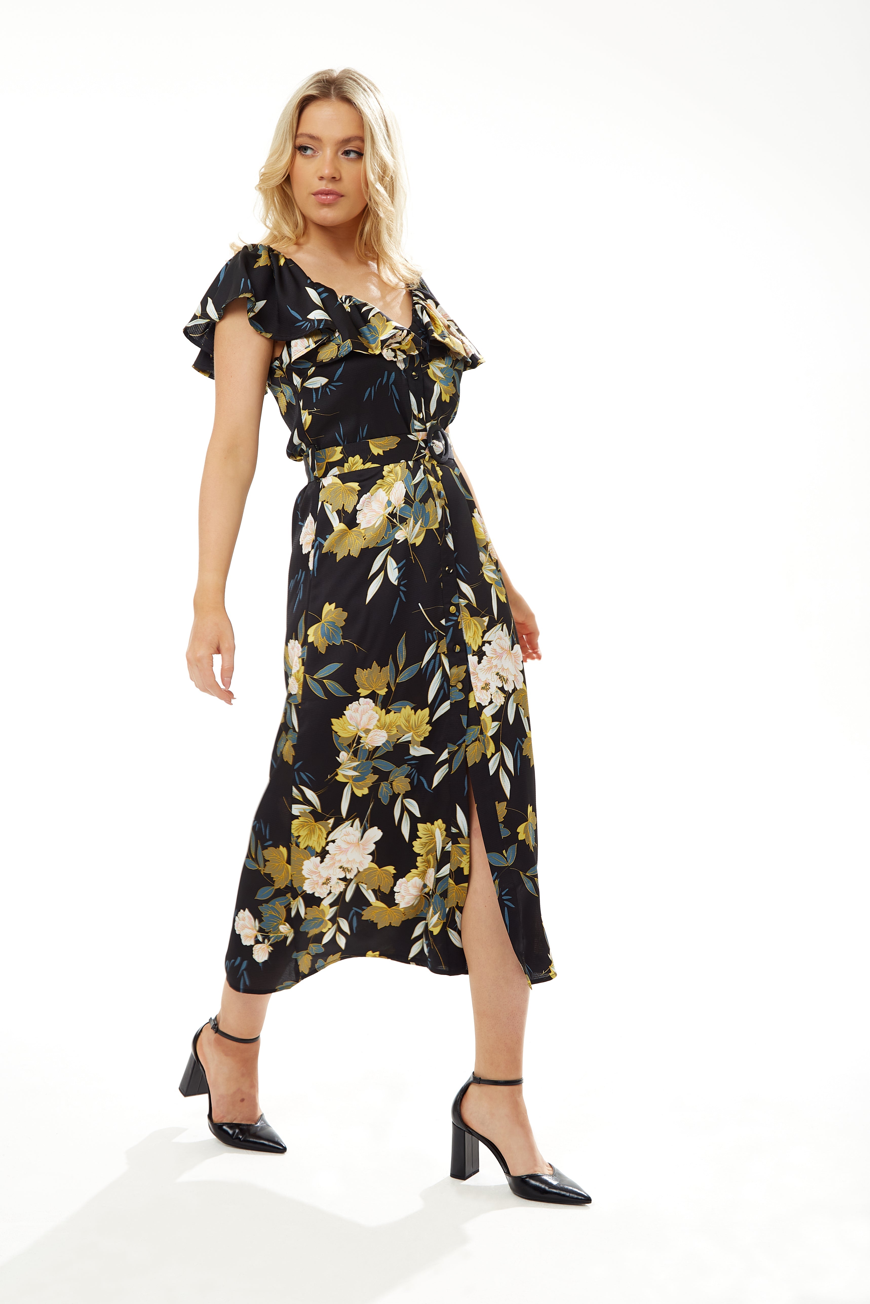 Women's Midi Dress with Off Shoulder Sleeves in Navy Floral Print - Liquorish