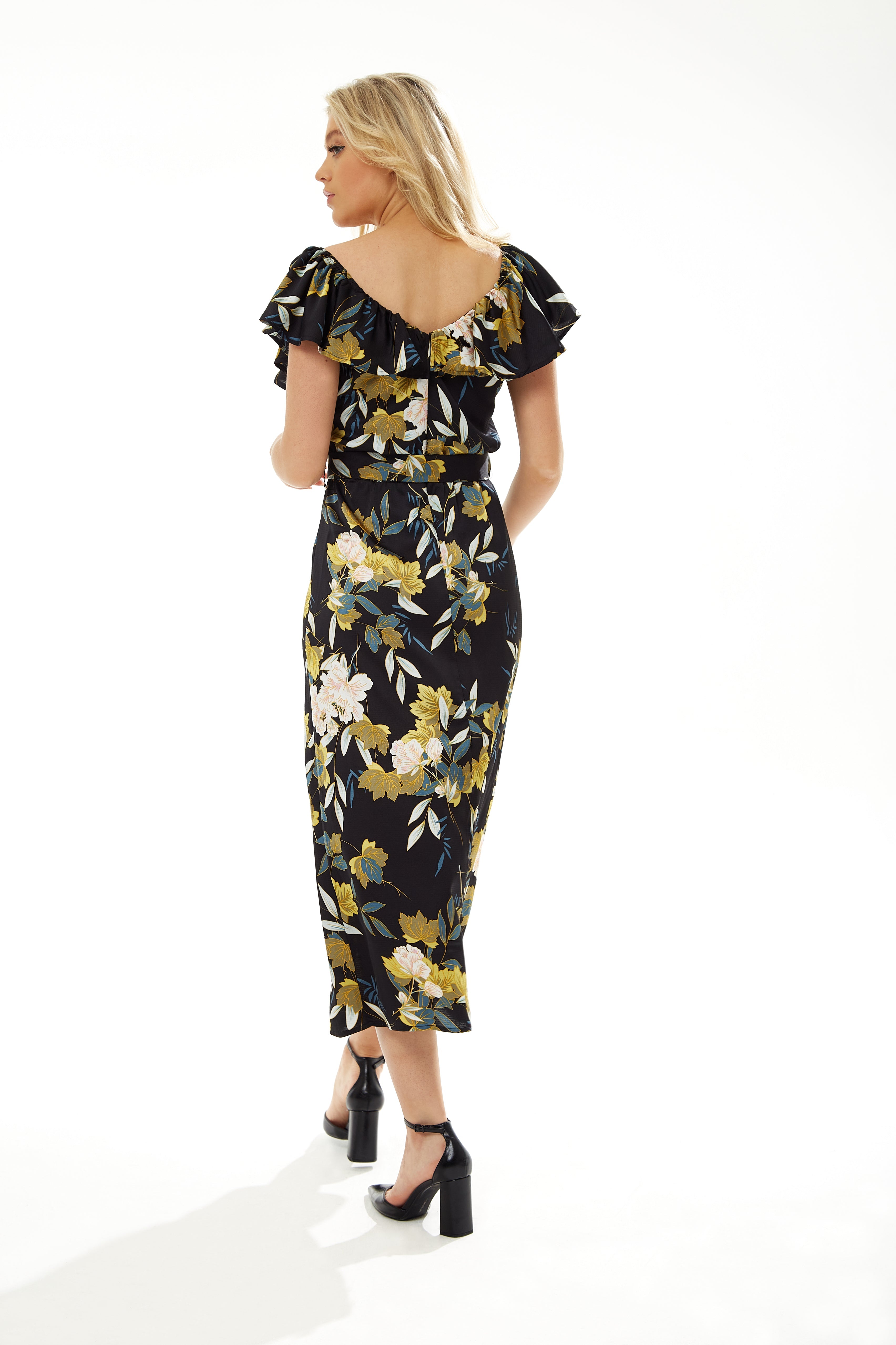 Women's Midi Dress with Off Shoulder Sleeves in Navy Floral Print - Liquorish