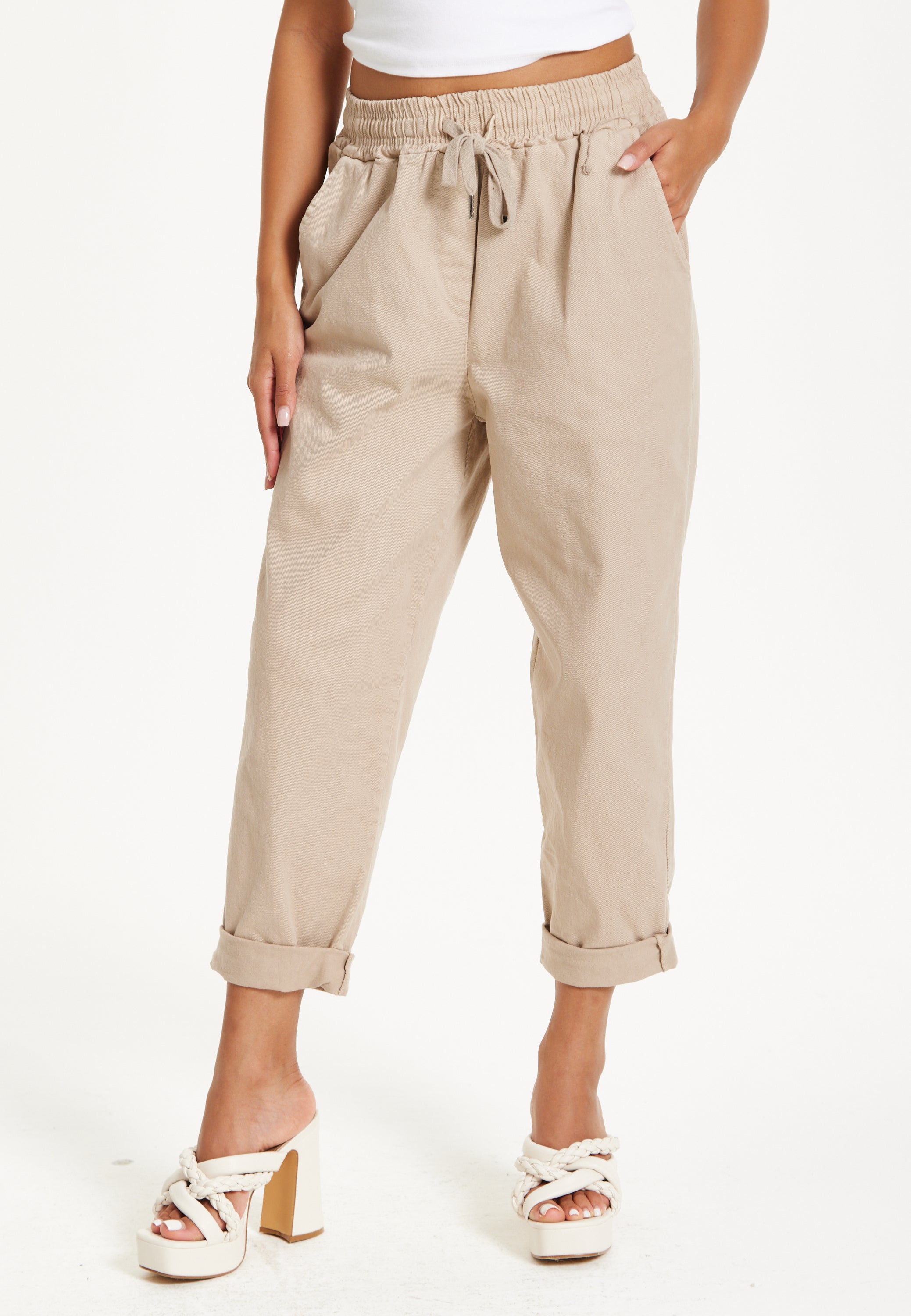 Beige Relaxed Fit Tapered Trousers