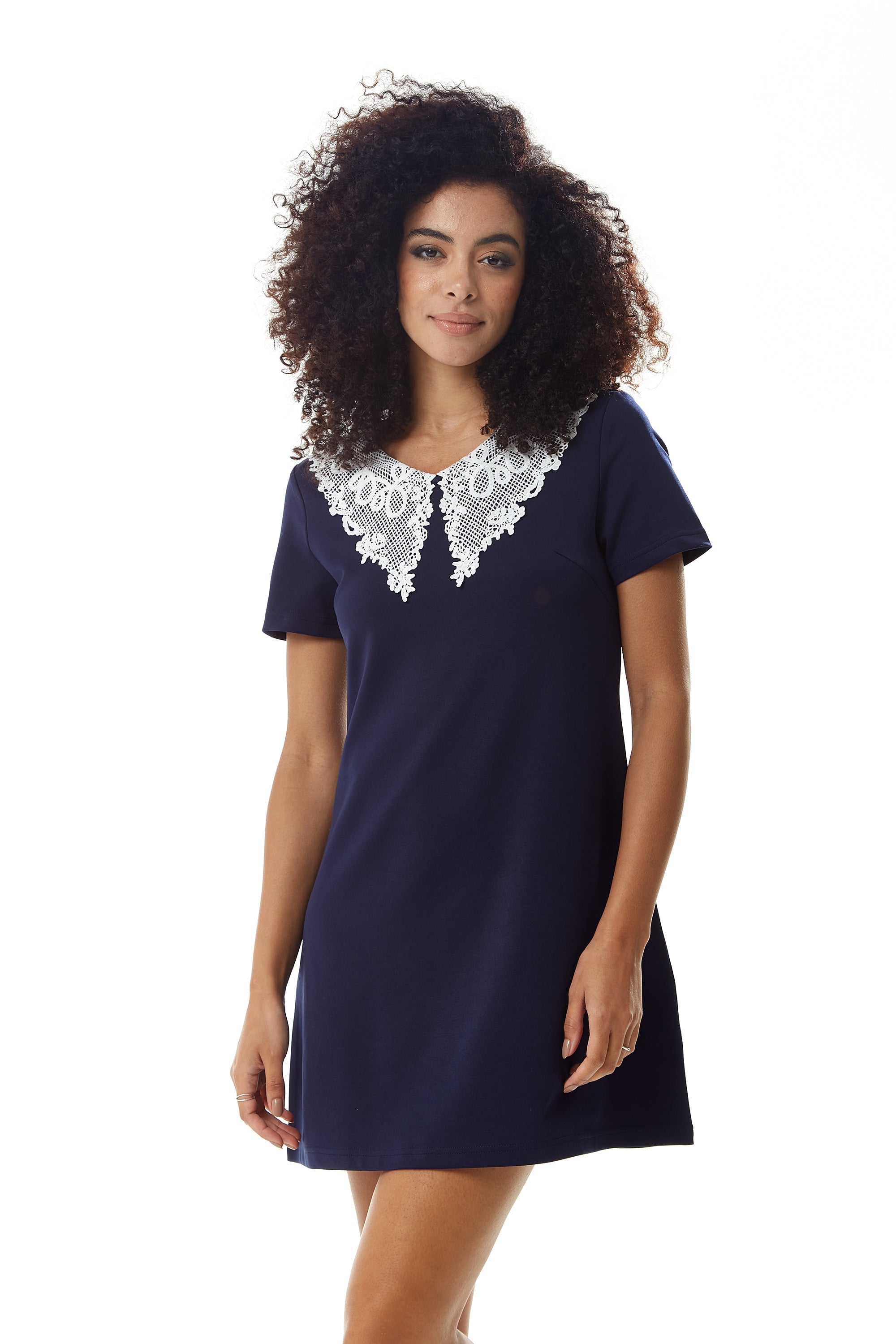 Women's Mini Dress in Navy with Short Sleeves and Lace Collar - Elegant Style by Liquorish