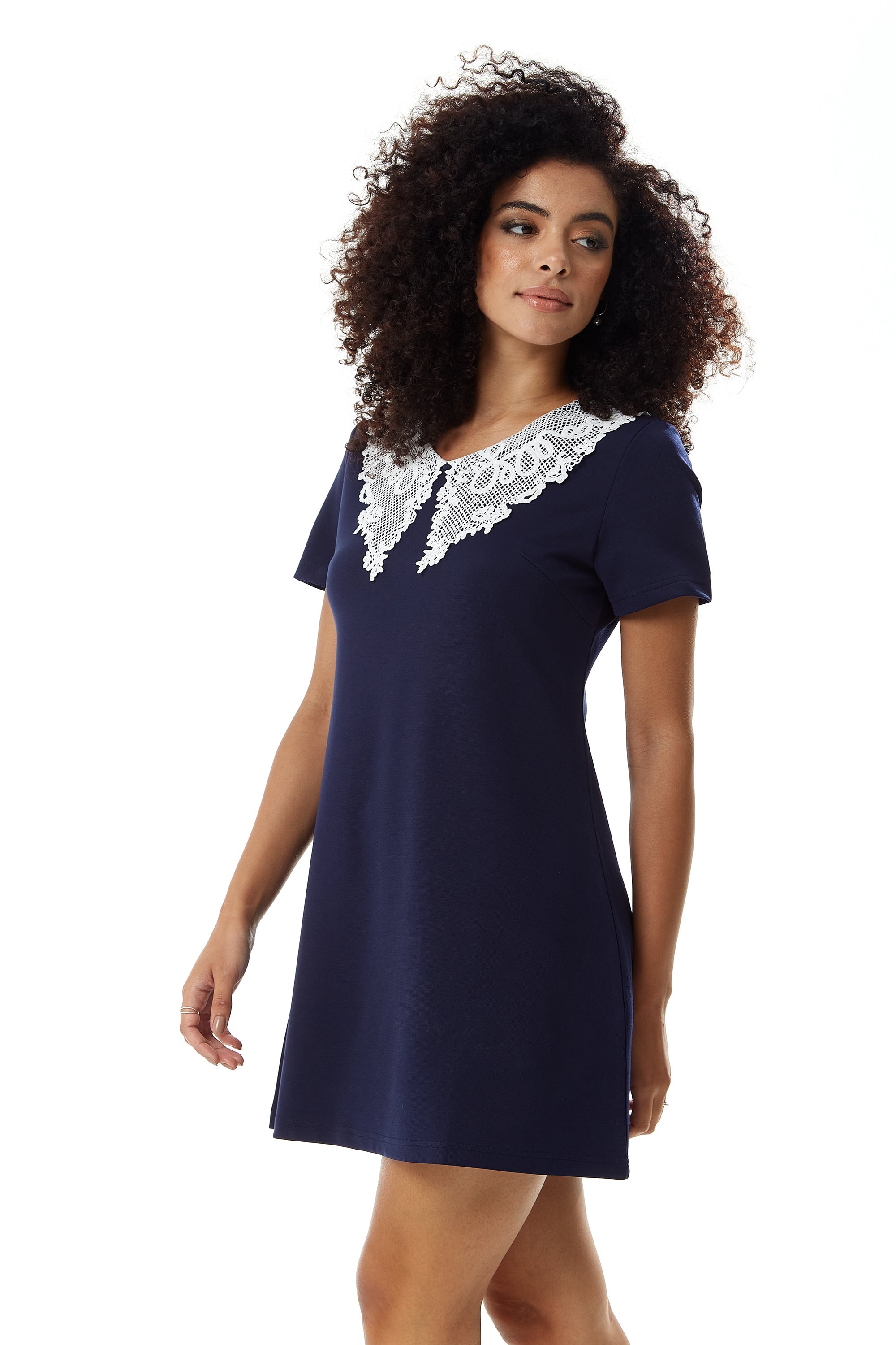 Women's Mini Dress in Navy with Short Sleeves and Lace Collar - Elegant Style by Liquorish