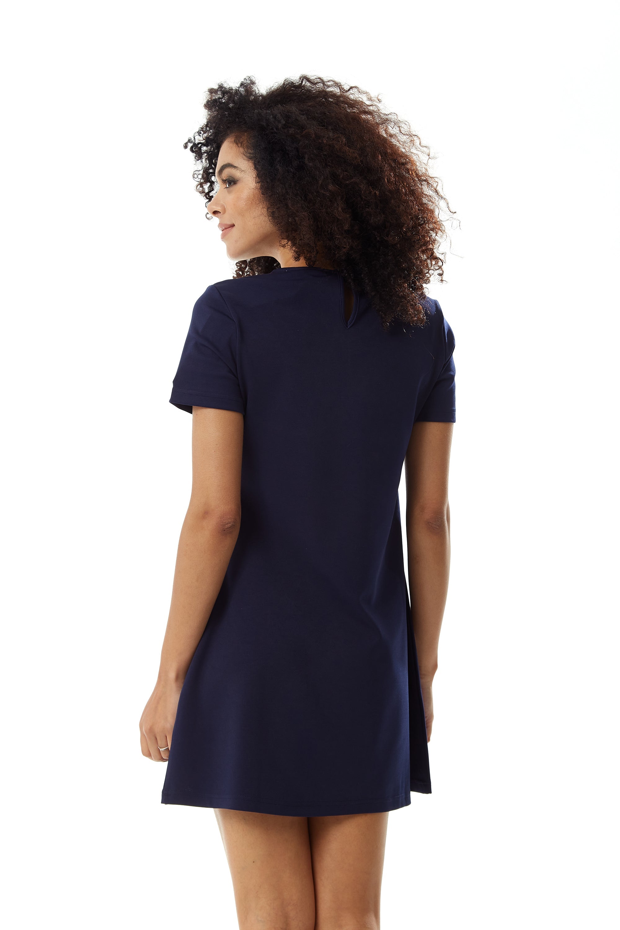 Women's Mini Dress in Navy with Short Sleeves and Lace Collar - Elegant Style by Liquorish