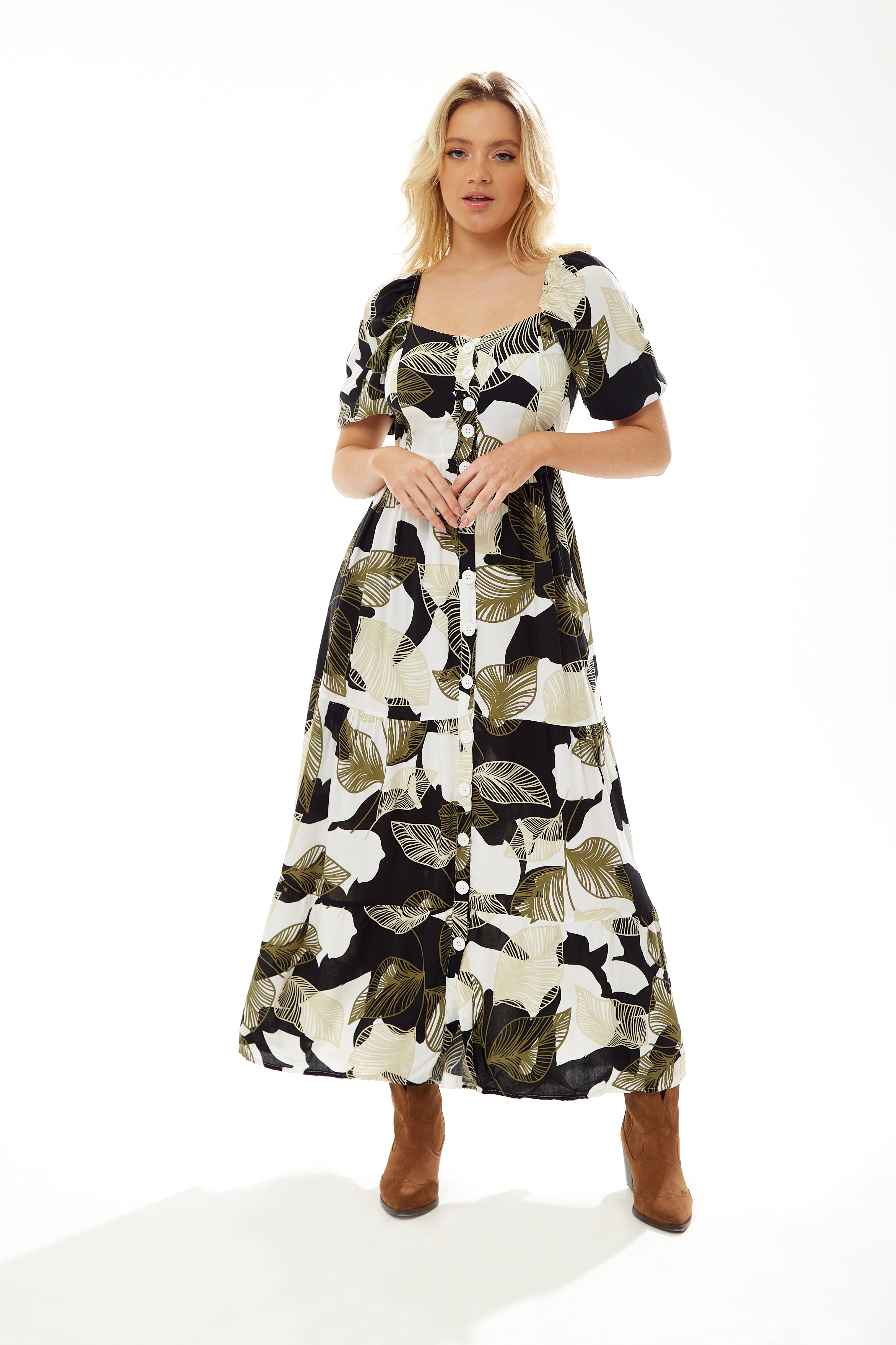 Women's Maxi Dress with Leaf Print, Button Up Front, Short Sleeves - Stylish and Comfortable, Liquorish