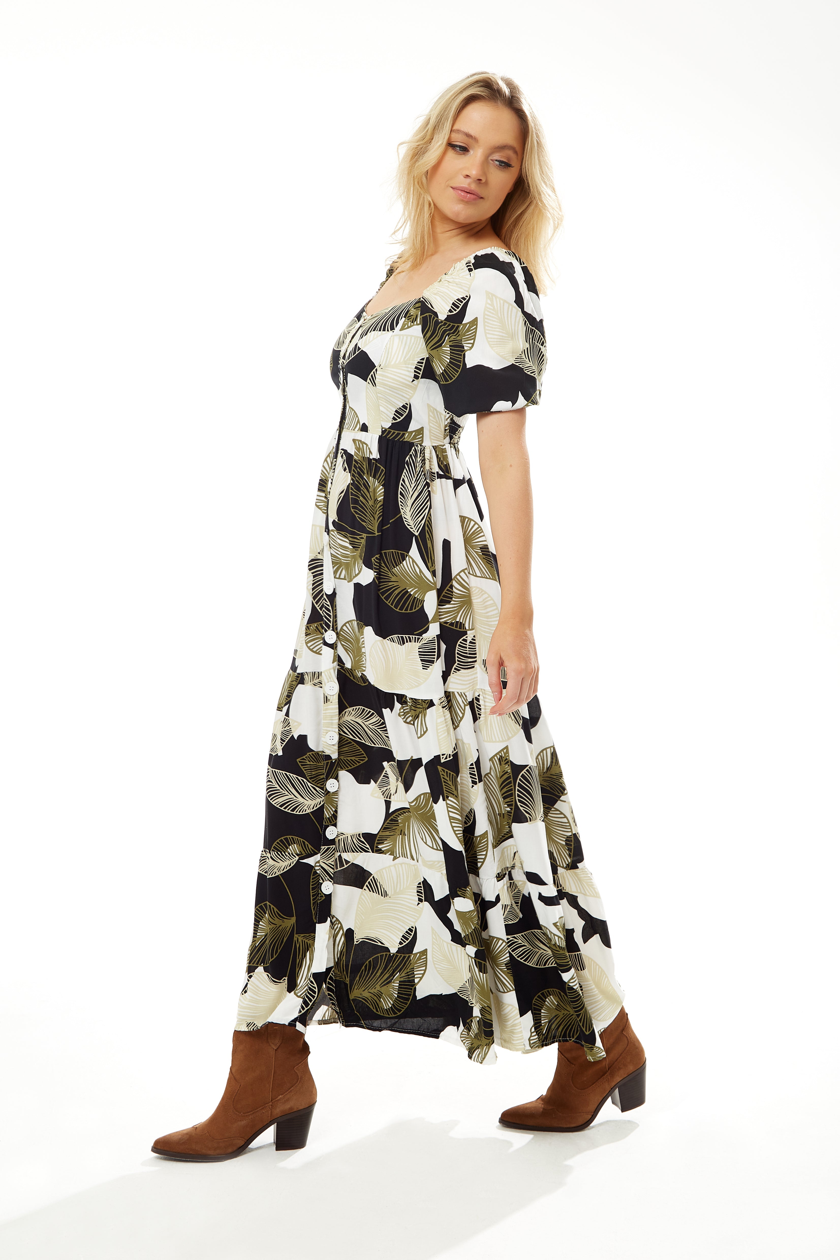 Women's Maxi Dress with Leaf Print, Button Up Front, Short Sleeves - Stylish and Comfortable, Liquorish