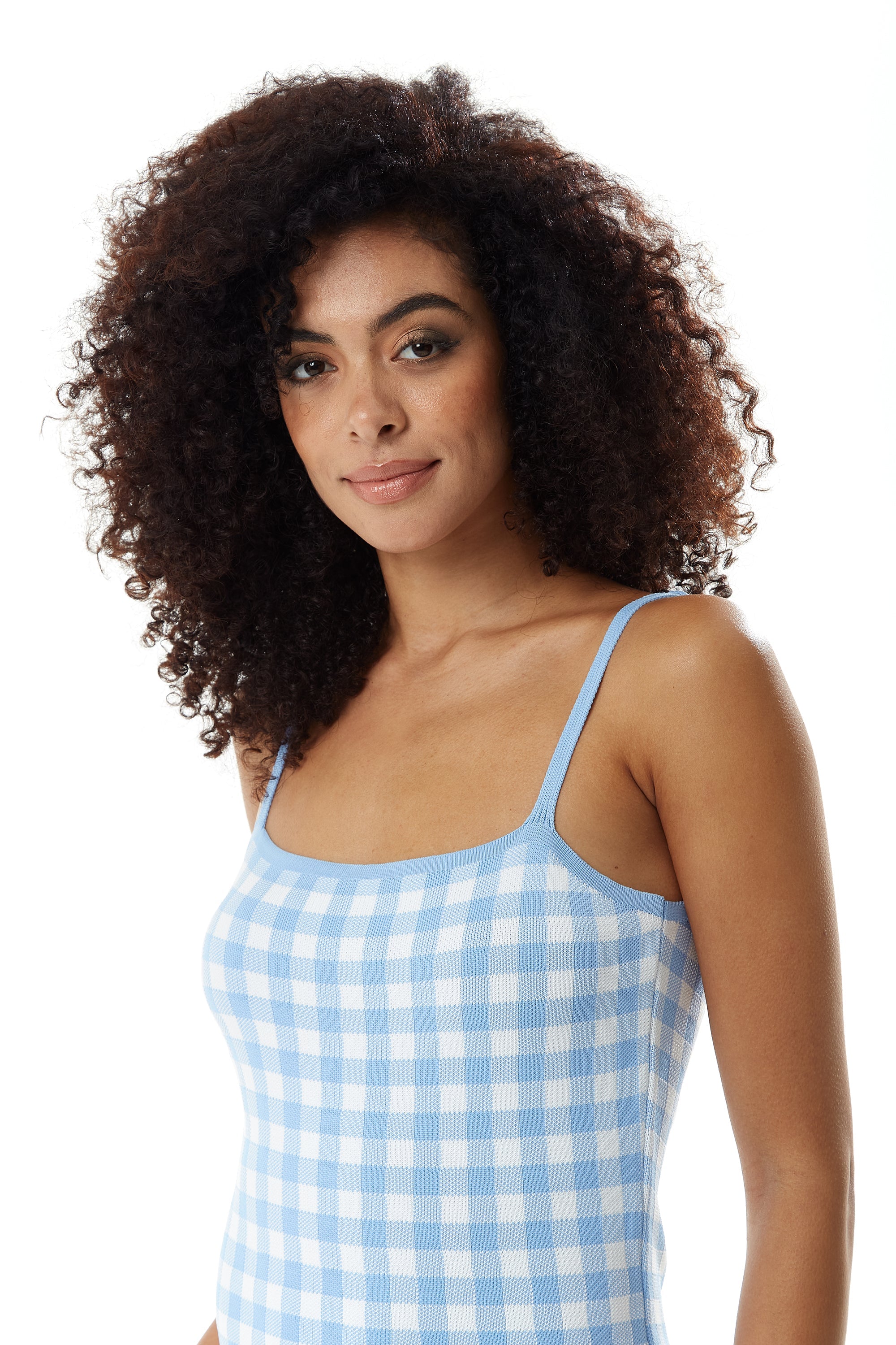 Women’s Midi Dress in Blue and White Check with Sleeveless Design and Fitted Style
