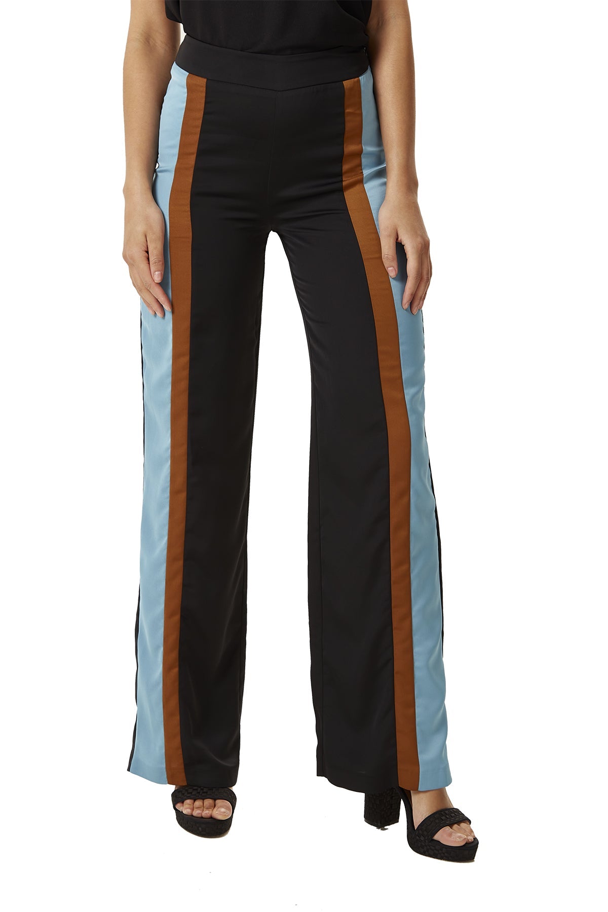 Women's Trousers - Navy and Blue Colour Block Wide Leg, High Rise, Regular Fit, Side Zip - Liquorish