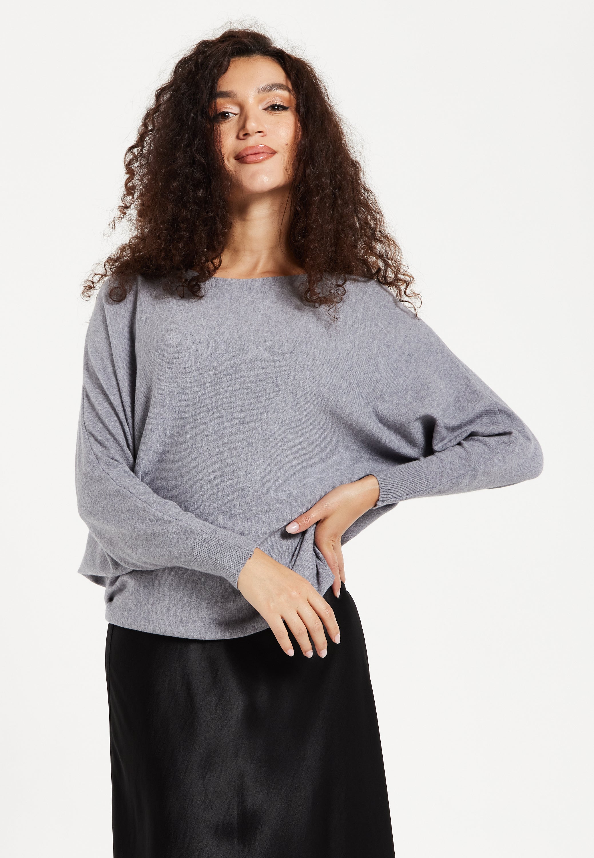 Women's Jumper in Light Grey with Back Pearl-Button Detail and Batwing Sleeves, Perfect for Effortless Style and Comfort - Liquorish