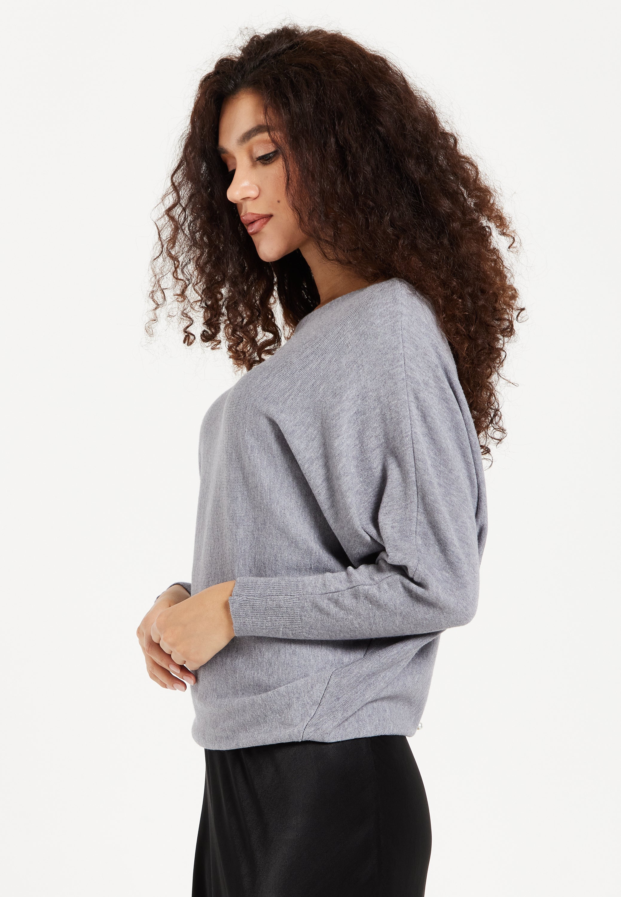 Women's Jumper in Light Grey with Back Pearl-Button Detail and Batwing Sleeves, Perfect for Effortless Style and Comfort - Liquorish