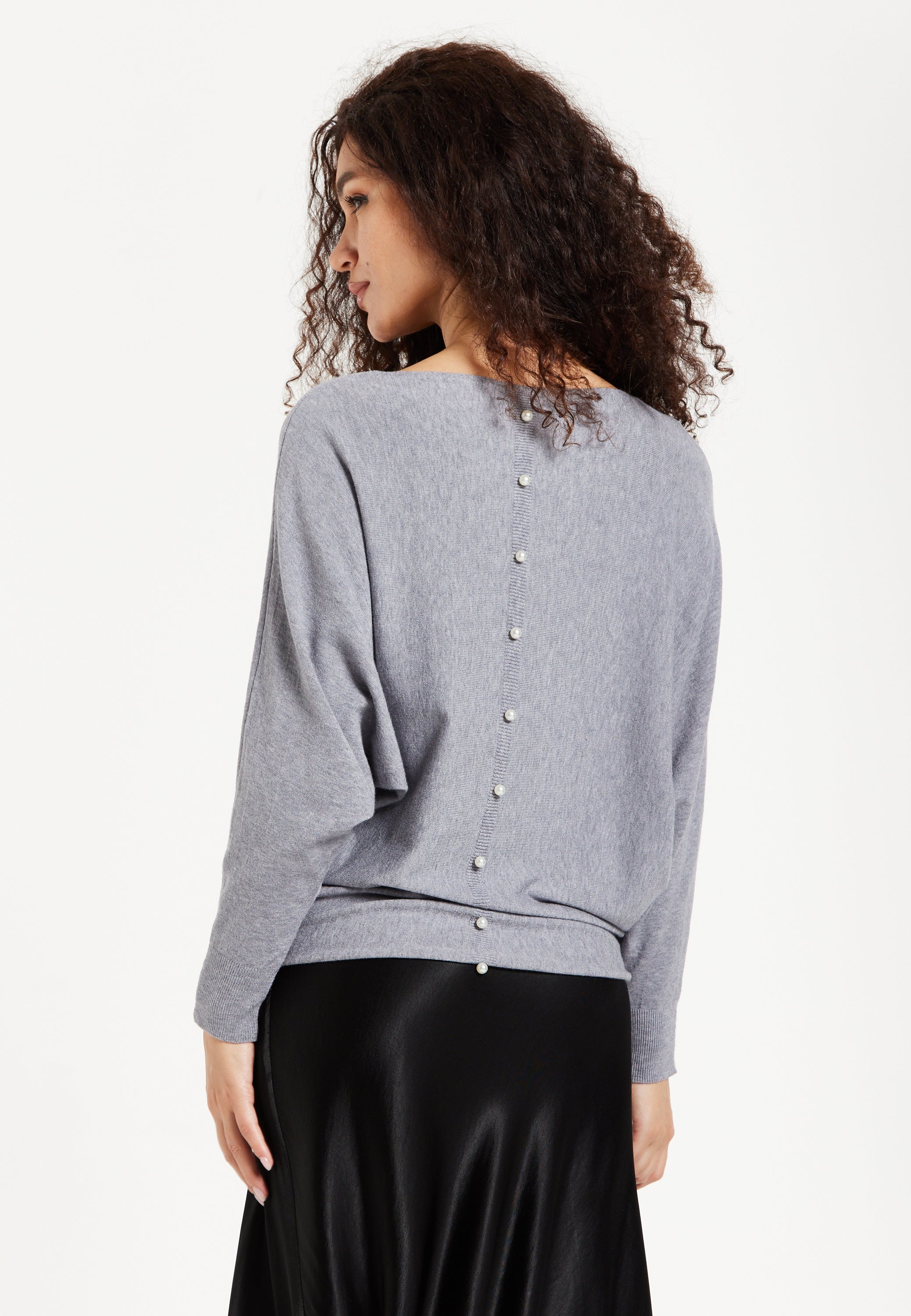 Women's Jumper in Light Grey with Back Pearl-Button Detail and Batwing Sleeves, Perfect for Effortless Style and Comfort - Liquorish