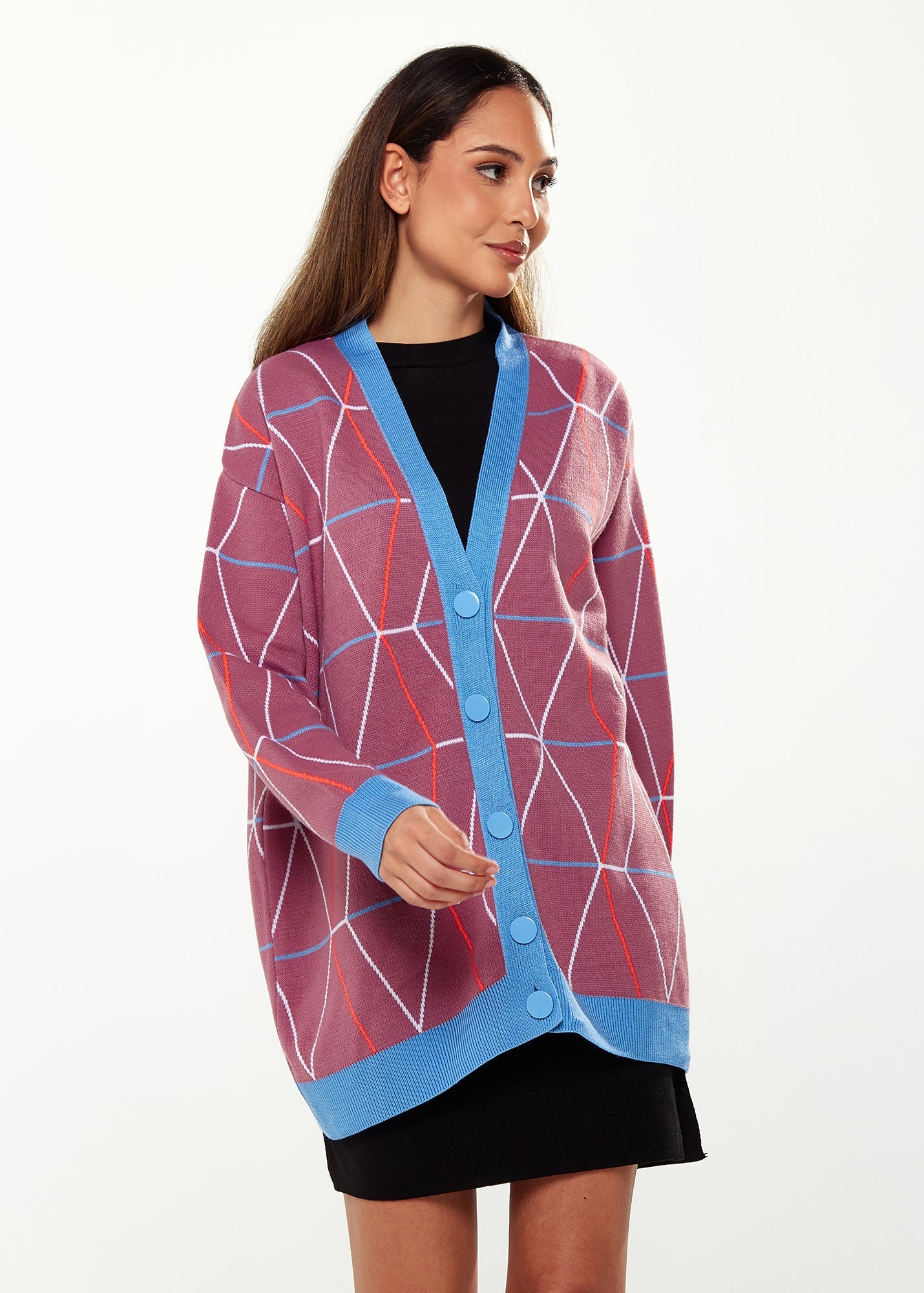 Women's Cardigan in Mulberry & Blue with Oversized Geometric Pattern and Contrasting Details by Liquorish