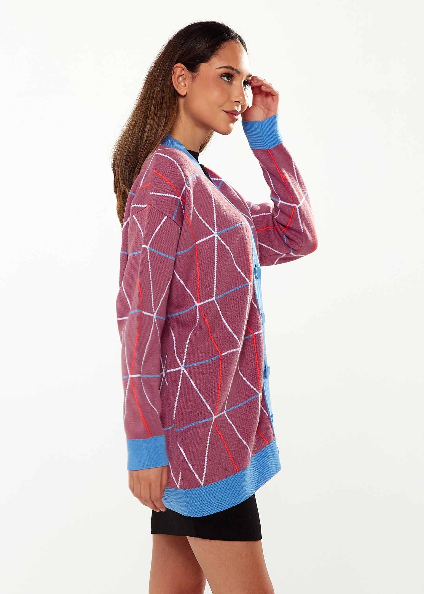 Women's Cardigan in Mulberry & Blue with Oversized Geometric Pattern and Contrasting Details by Liquorish