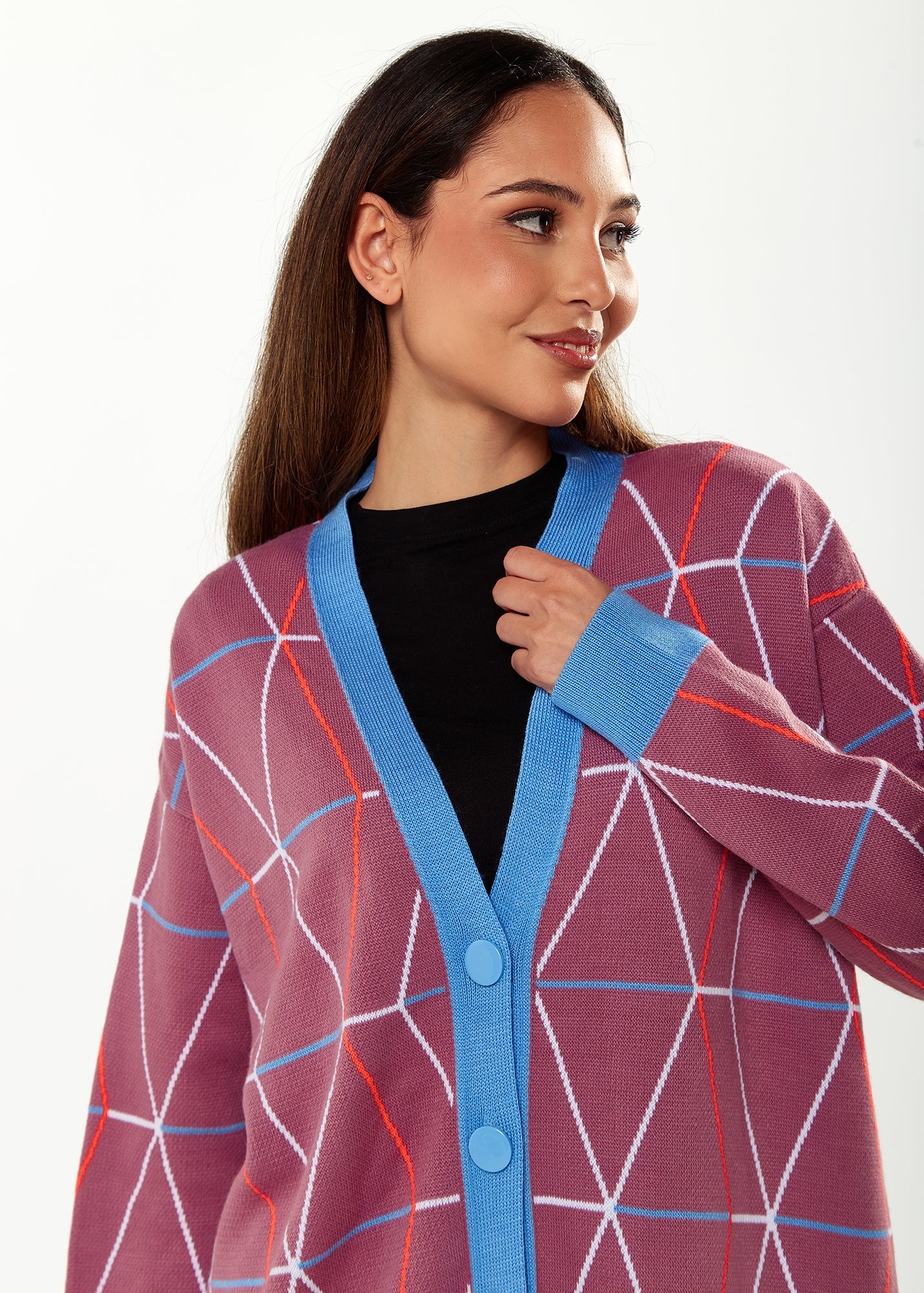 Women's Cardigan in Mulberry & Blue with Oversized Geometric Pattern and Contrasting Details by Liquorish