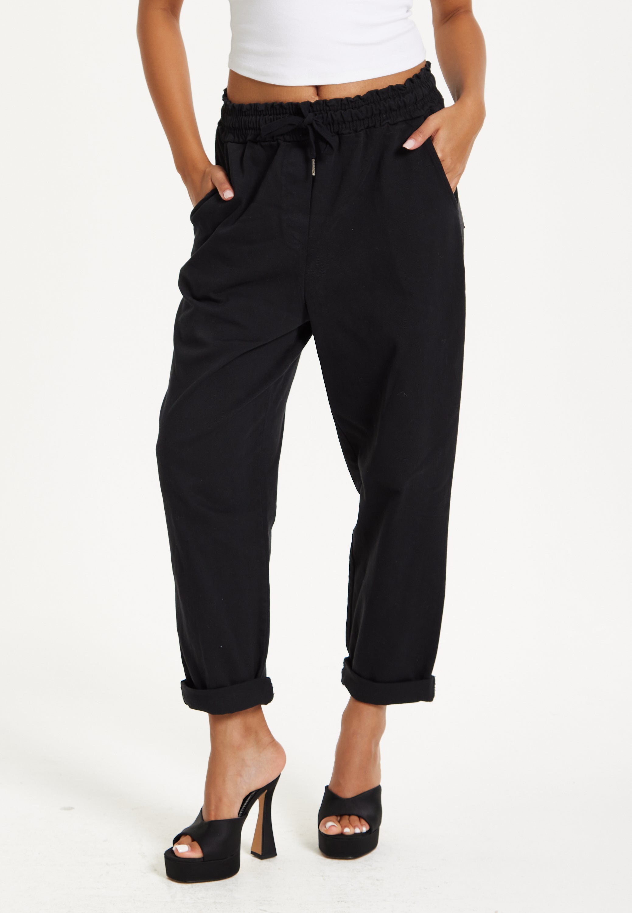 Black Relaxed Fit Tapered Trousers