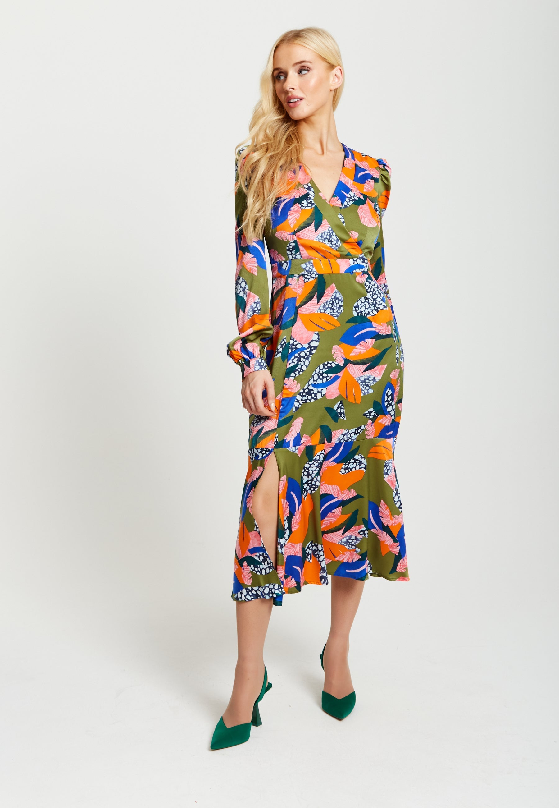Women's Midi Dress in Olive with Long Balloon Sleeves - Elegant Abstract Leaf Print by Liquorish