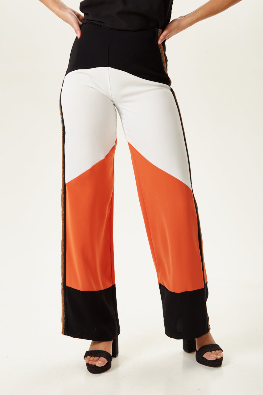 Women's Trousers: High Rise Wide Leg Colour Block with Lurex Details - Side Zip, Regular Fit - Liquorish