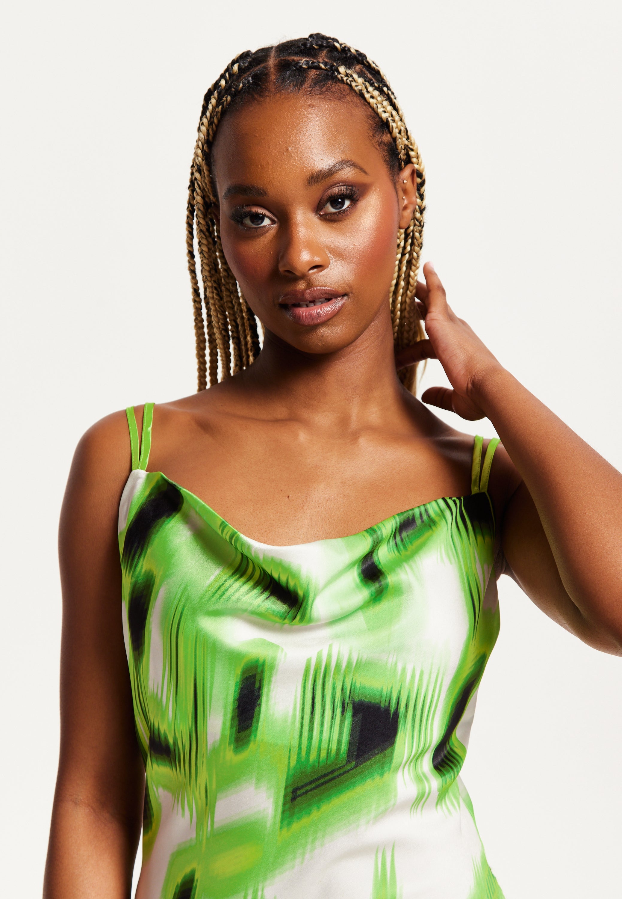 Women's Midi Dress with Slit Front, Cowl Neck, Abstract Green & Black Print, Adjustable Strap, Sleeveless Design - Liquorish
