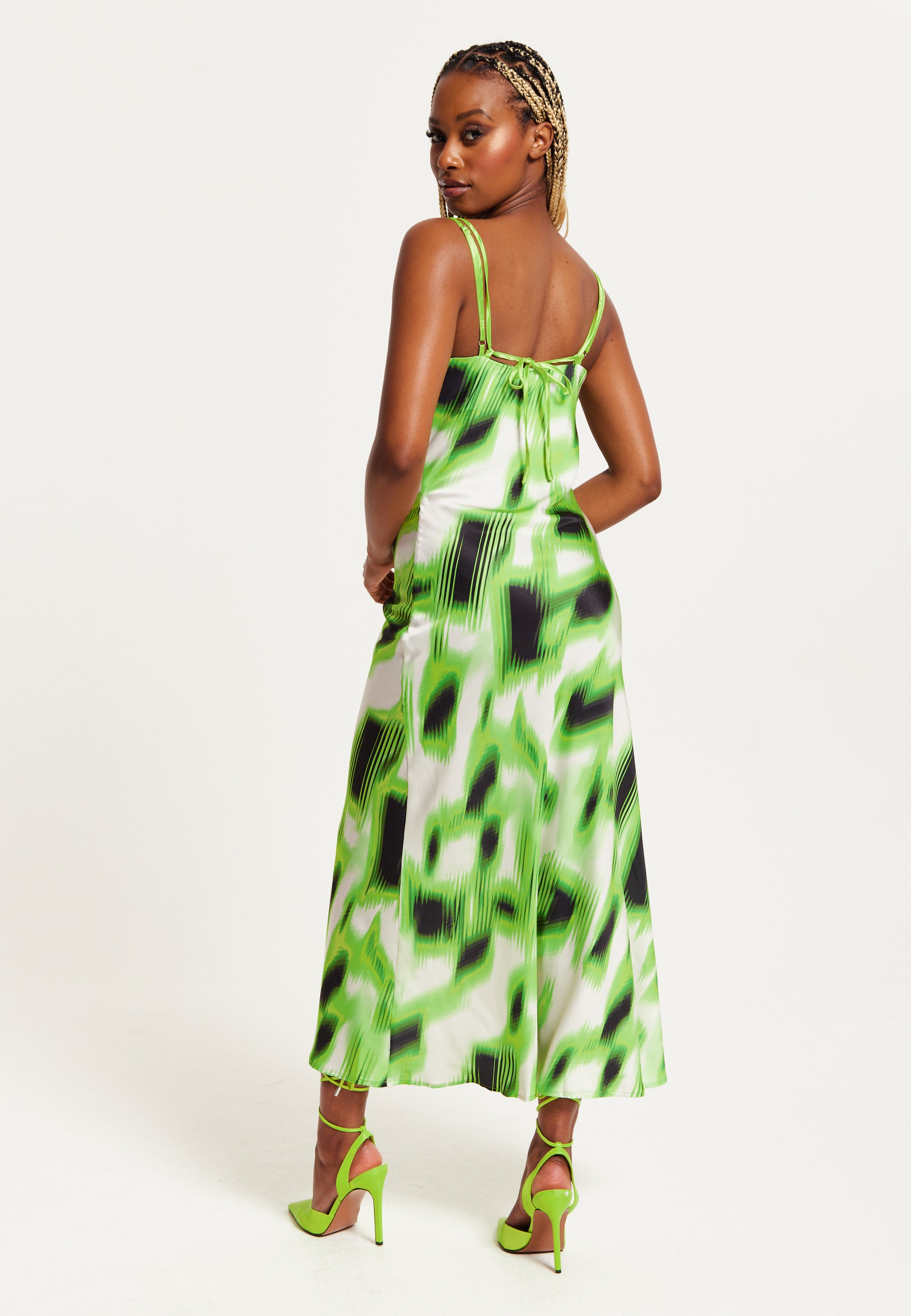 Women's Midi Dress with Slit Front, Cowl Neck, Abstract Green & Black Print, Adjustable Strap, Sleeveless Design - Liquorish