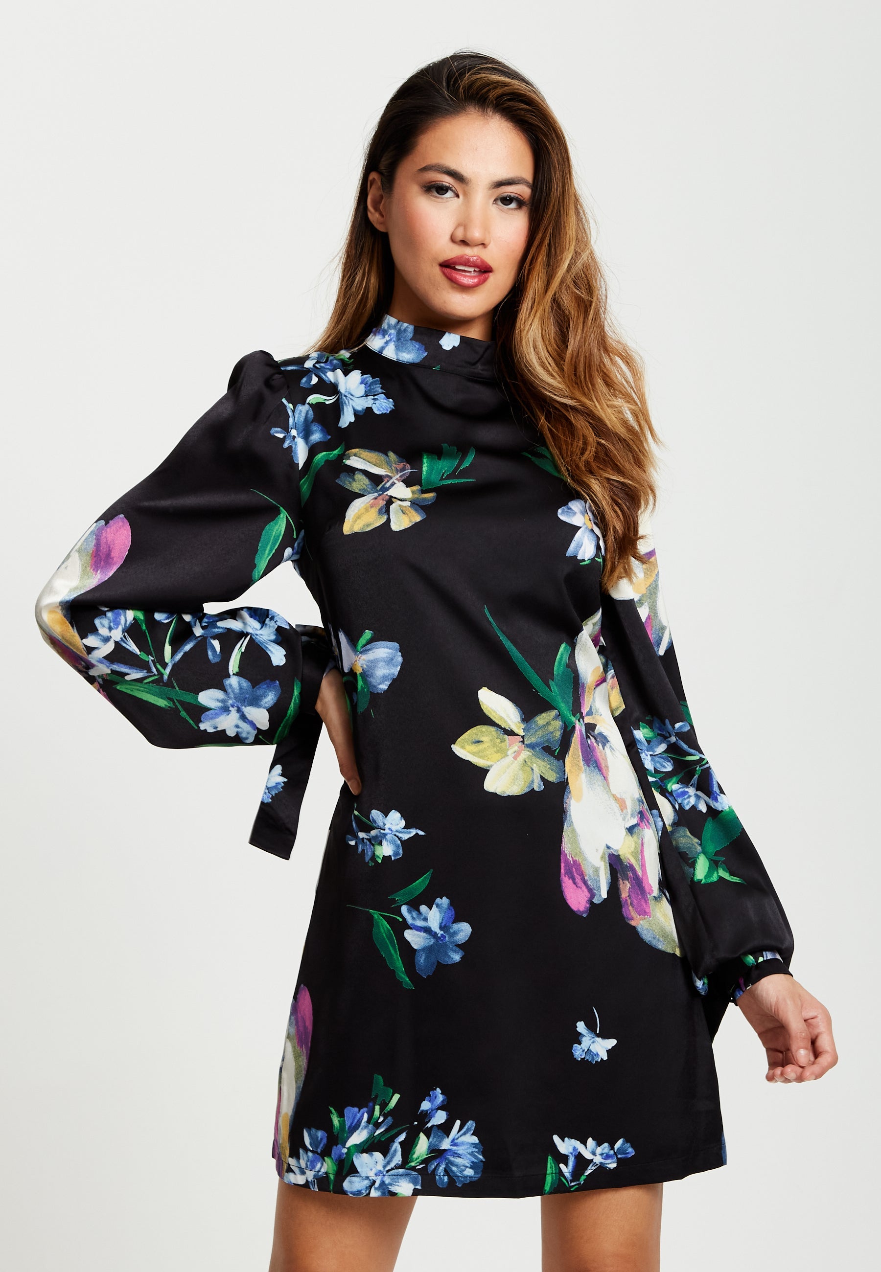 Women’s Mini Dress in Black with Long Balloon Sleeves and Floral Print Elegance by Liquorish
