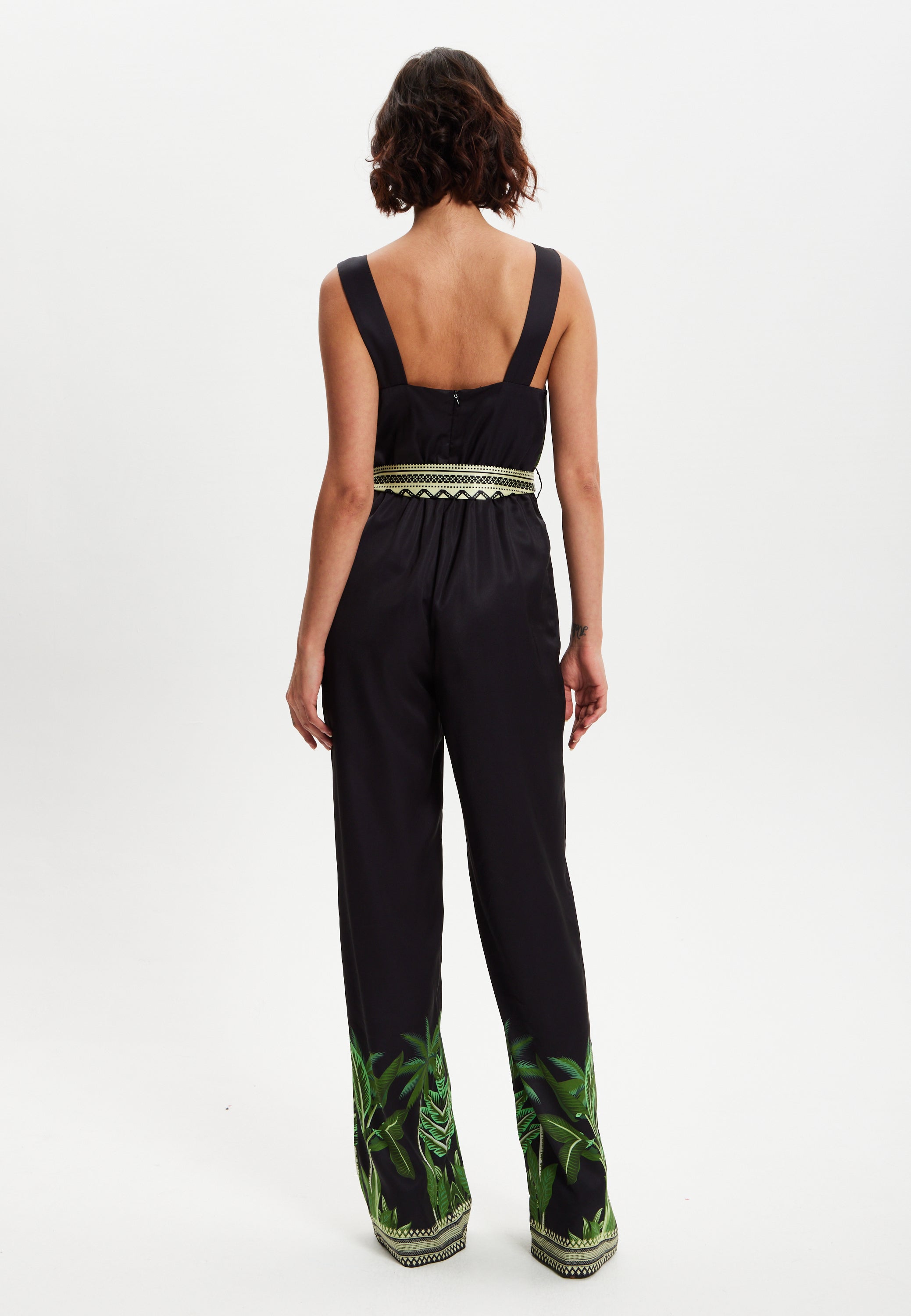 Women's V-neck Wide Leg Jumpsuit with Tie Waist in Leaf Print - Regular Fit, 100% Polyester - Liquorish