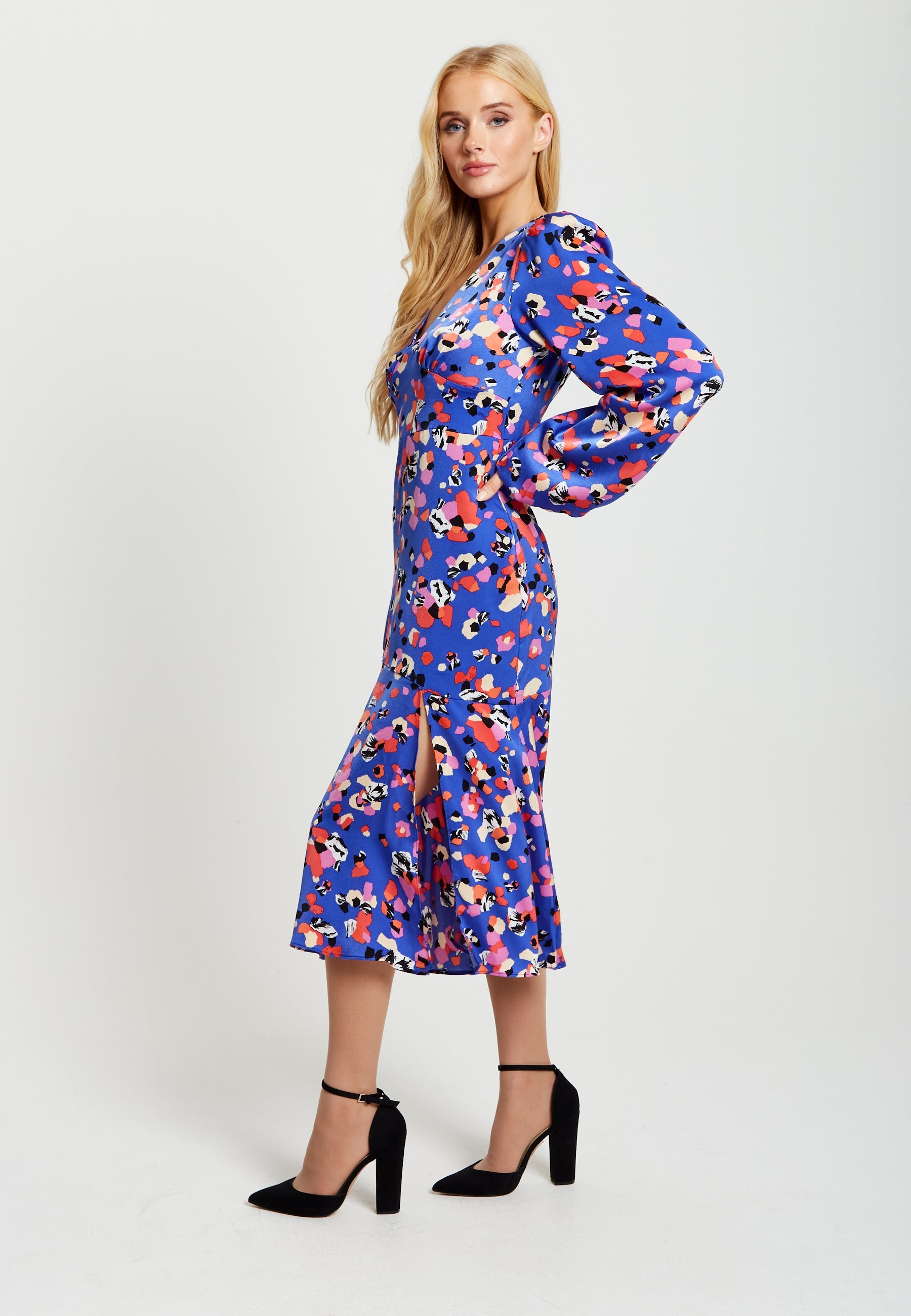 Women's Midi Dress with Long Balloon Sleeves in Multicolour Abstract Dot Print - Liquorish