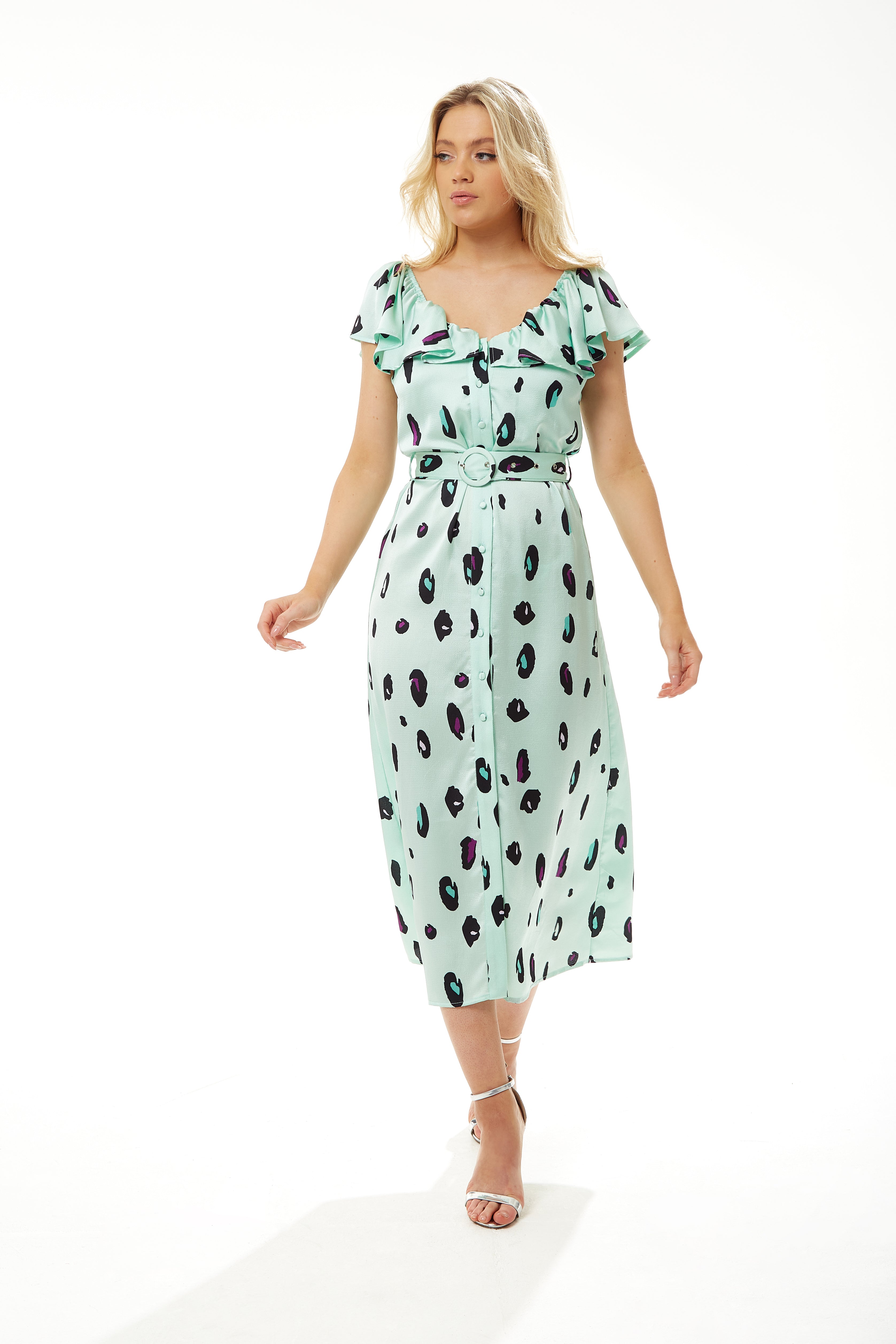 Women's Midi Dress with Off Shoulder Sleeves in Mint Animal Print - Liquorish